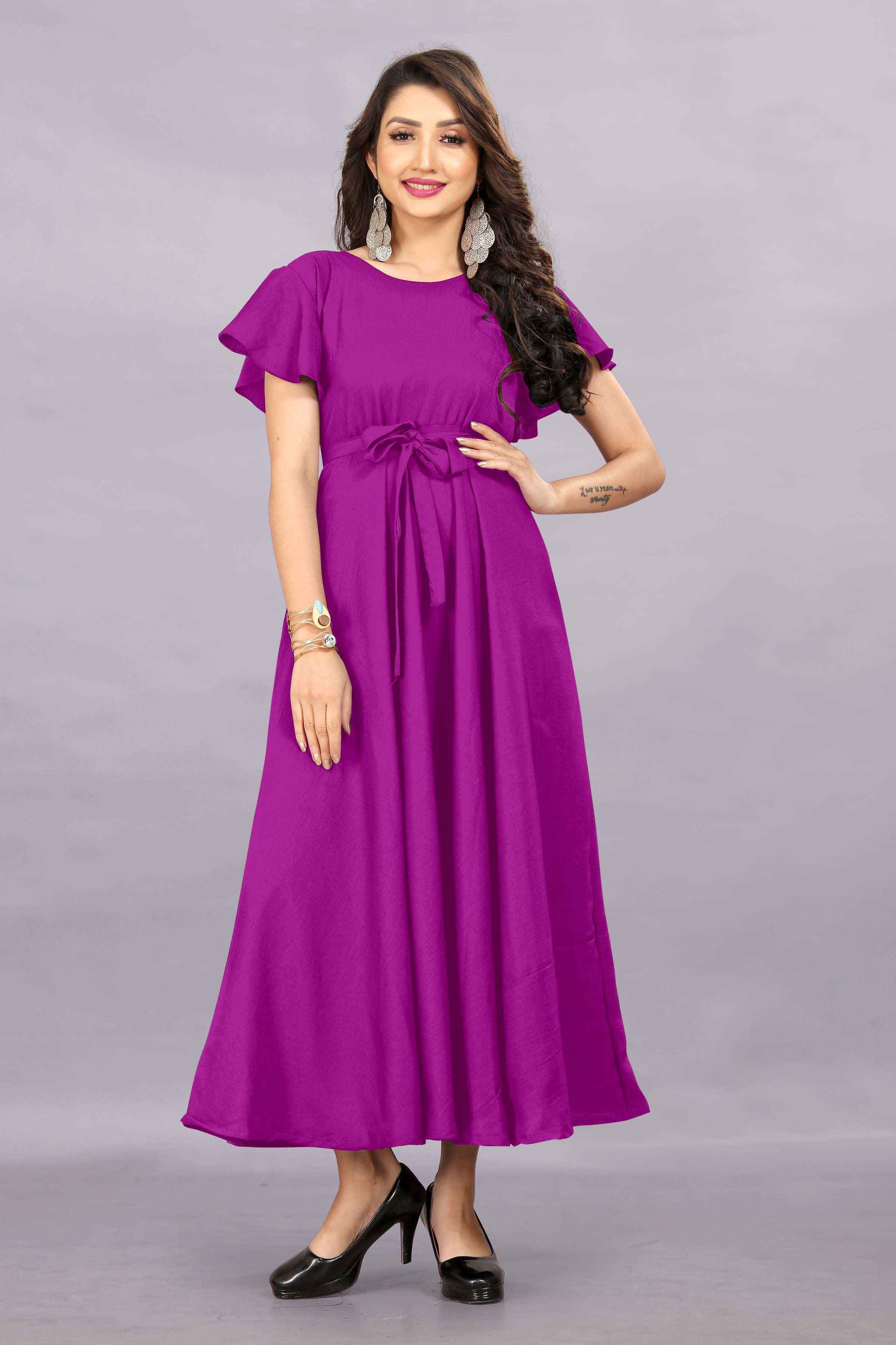 Women's A-Line Flared Maxi Gown with Pocket and Belt - Pink