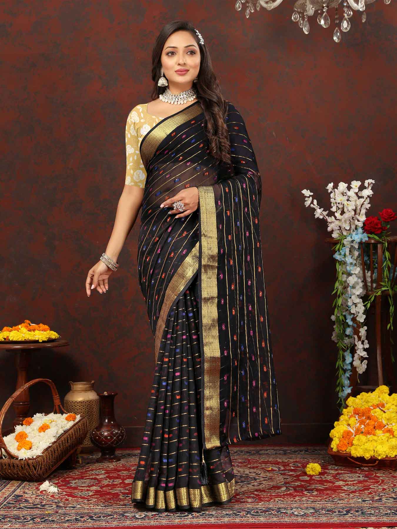 Women's Festive Wear Woven Stripe Black Chiffon Saree with Zari Work