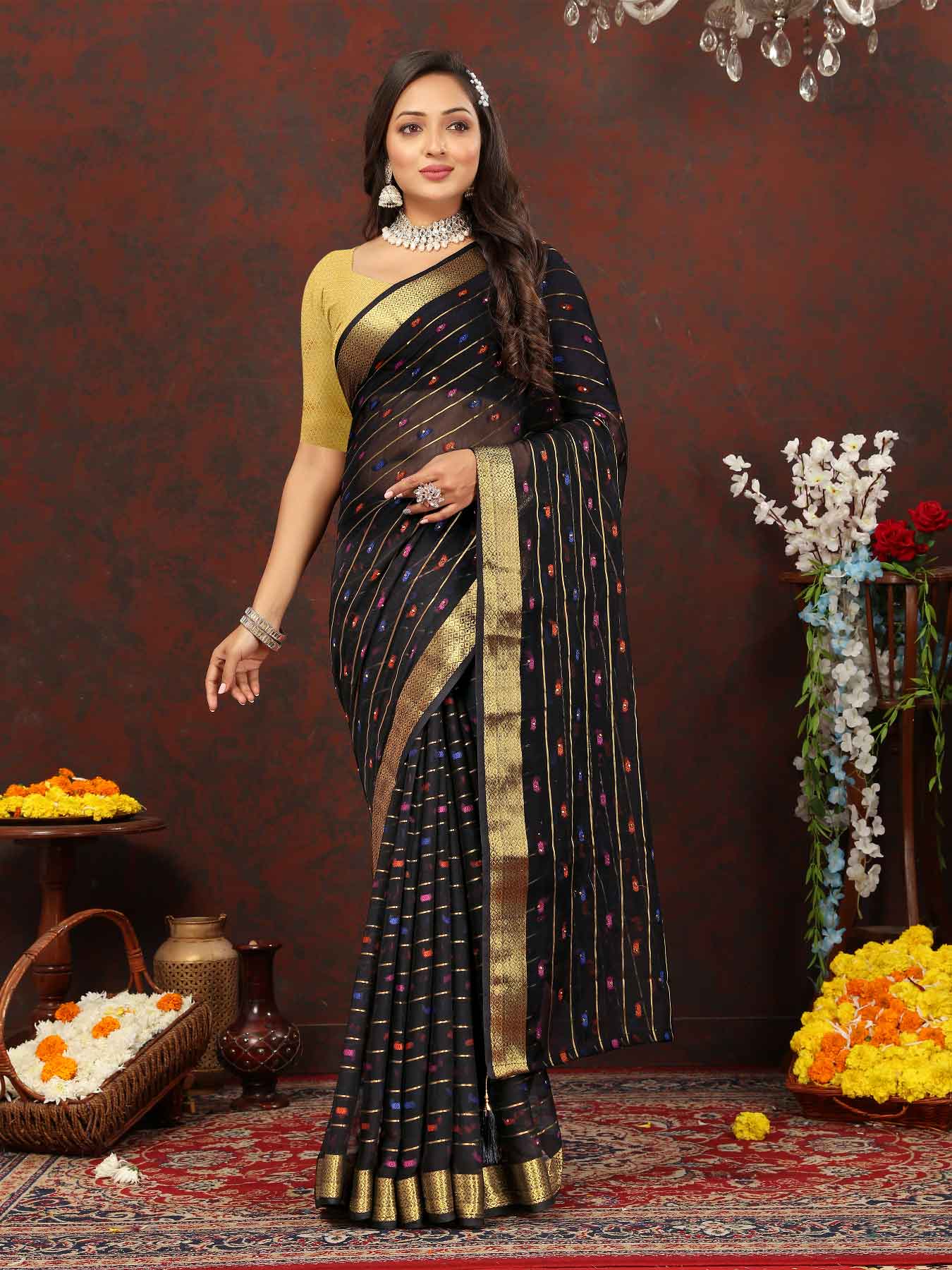 Women's Party Wear Woven Stripe Black Chiffon Saree with Zari Work