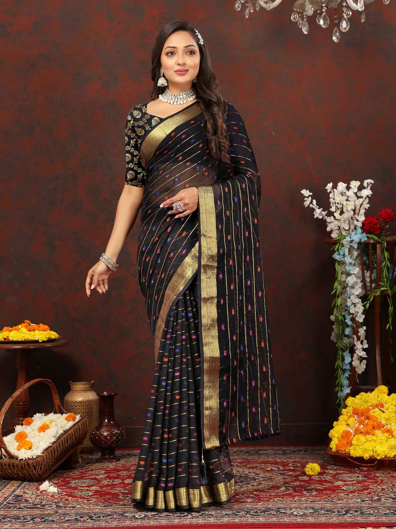 Wedding & Festive Wear Women's Woven Stripe Black Chiffon Saree with Zari Work