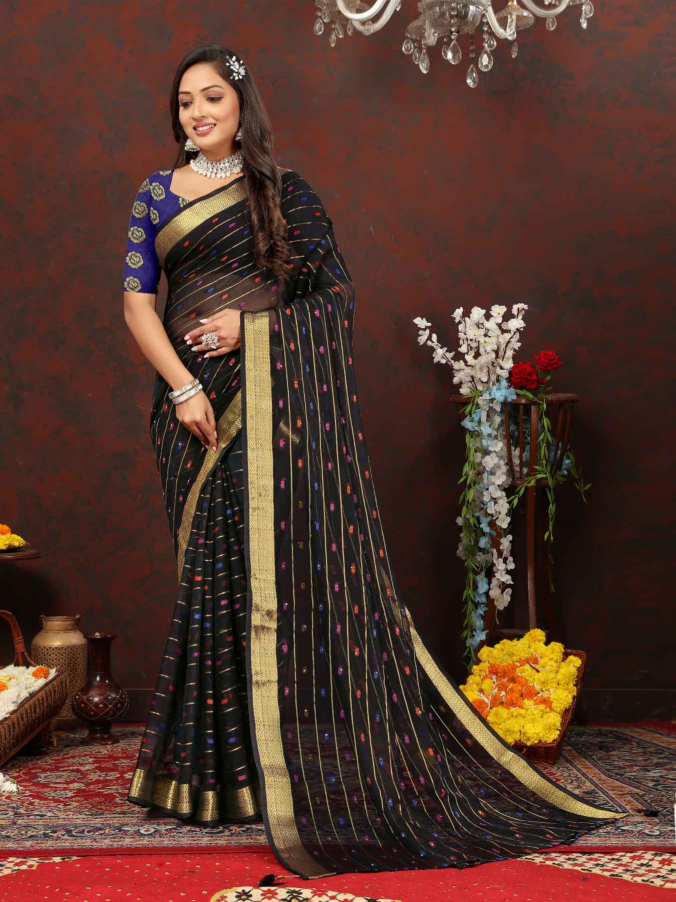 Elegant Women's Party Wear Black Chiffon Saree with Woven Stripe Zari Border and Tassels - Make a statement with this stunning ensemble! Perfect for special occasions, this saree features intricate zari detailing and playful tassels for a touch of glamour. Elevate your style and stand out from the crowd in this luxurious saree. Don't miss out on adding this timeless piece to your wardrobe!