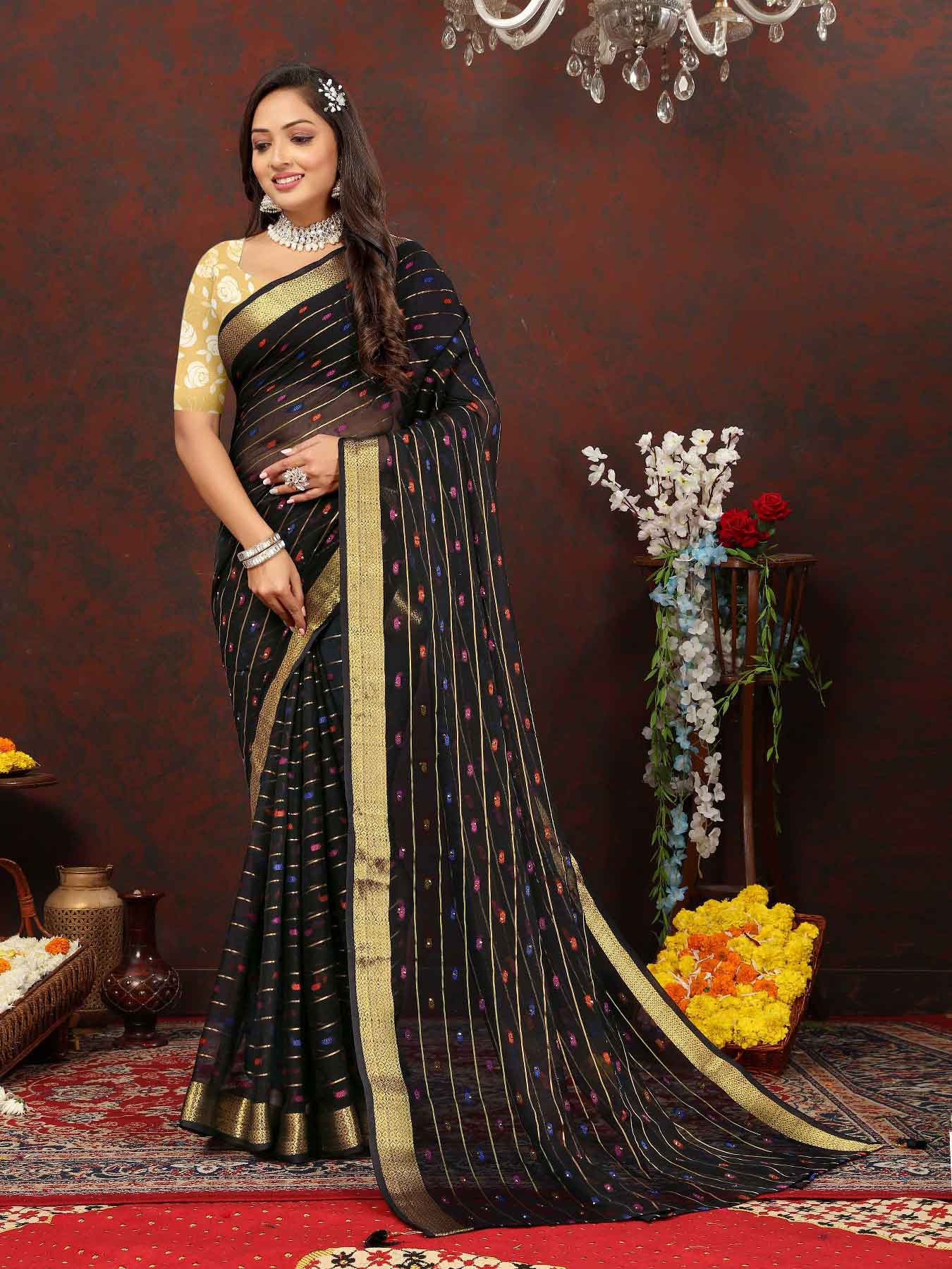 Women's Festive Wear Woven Stripe Black Chiffon Saree with Zari Work