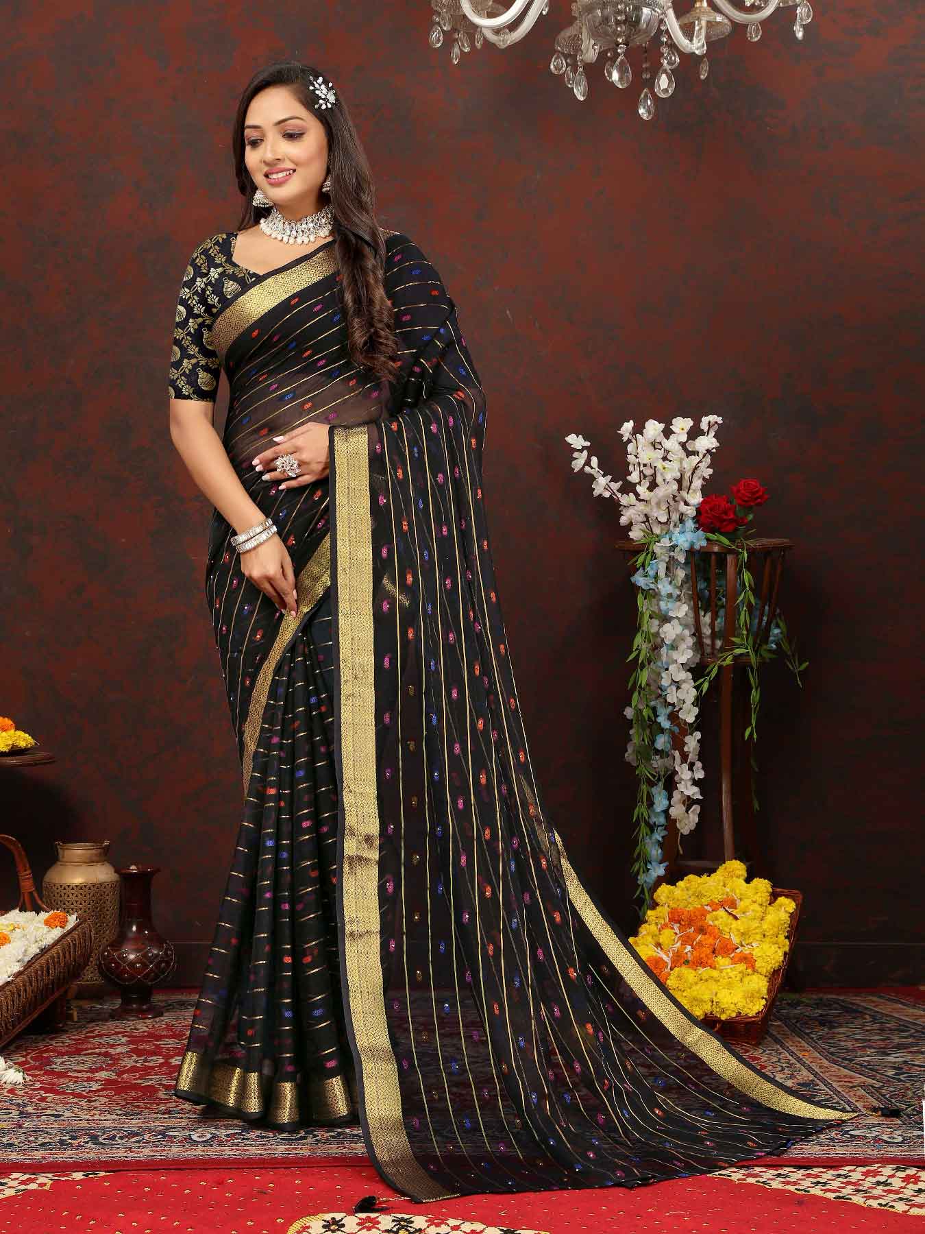 Wedding & Festive Wear Women's Woven Stripe Black Chiffon Saree with Zari Work