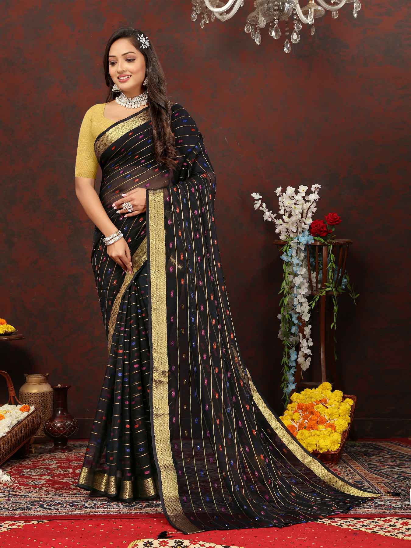 Women's Party Wear Woven Stripe Black Chiffon Saree with Zari Work