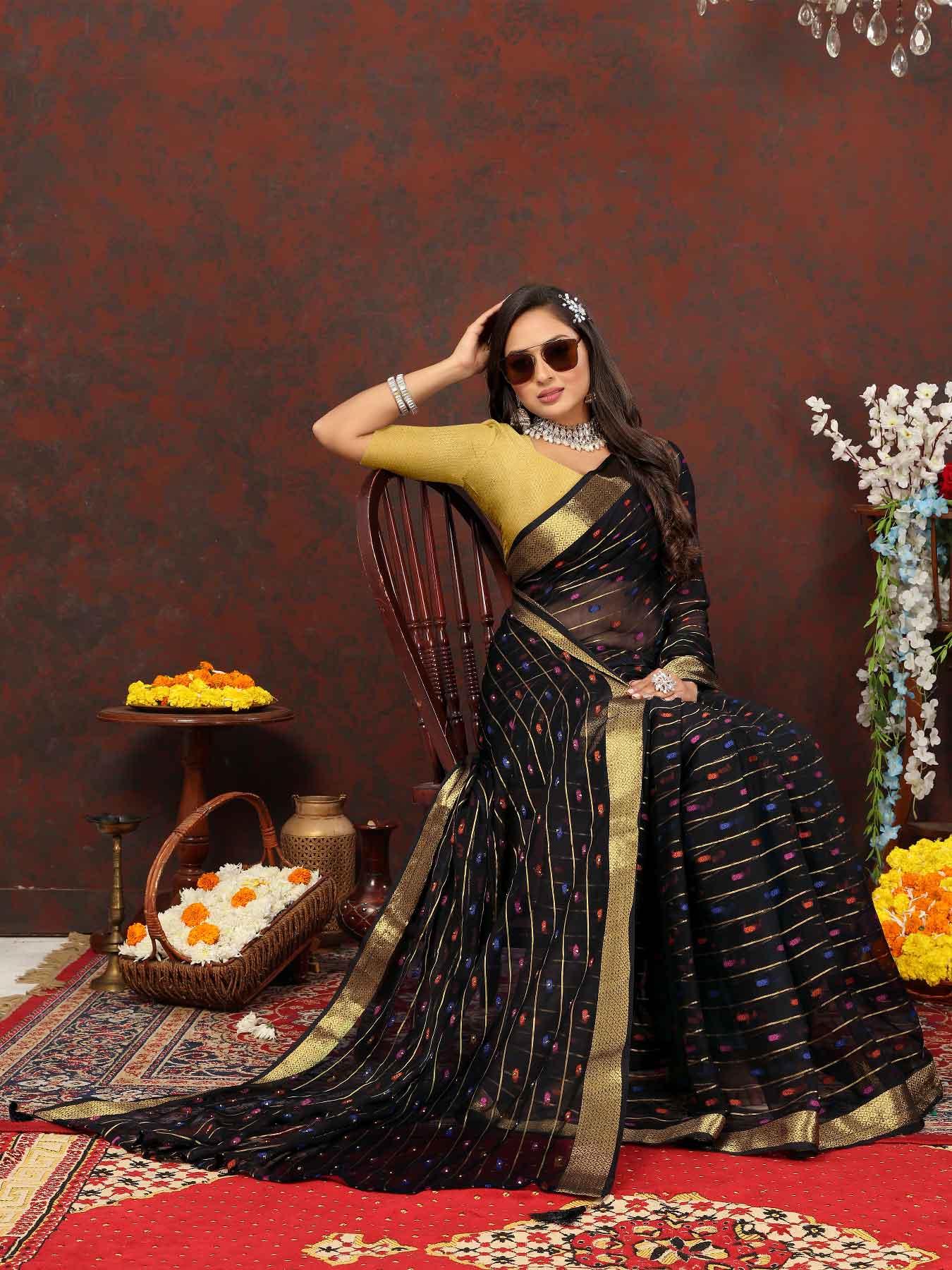 Women's Party Wear Woven Stripe Black Chiffon Saree with Zari Work