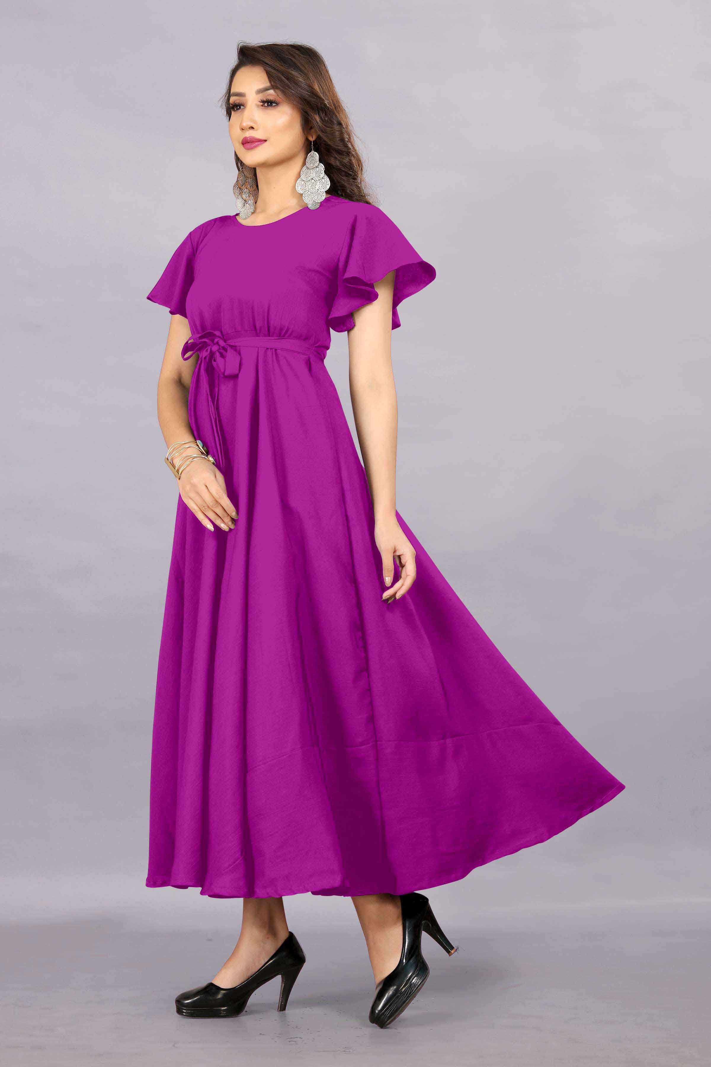 Women's A-Line Flared Maxi Gown with Pocket and Belt - Pink