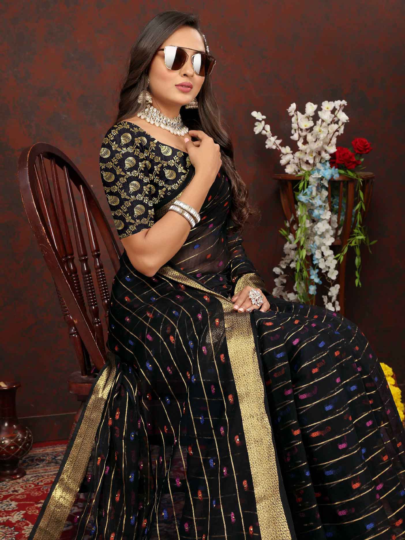 Wedding & Festive Wear Women's Woven Stripe Black Chiffon Saree with Zari Work