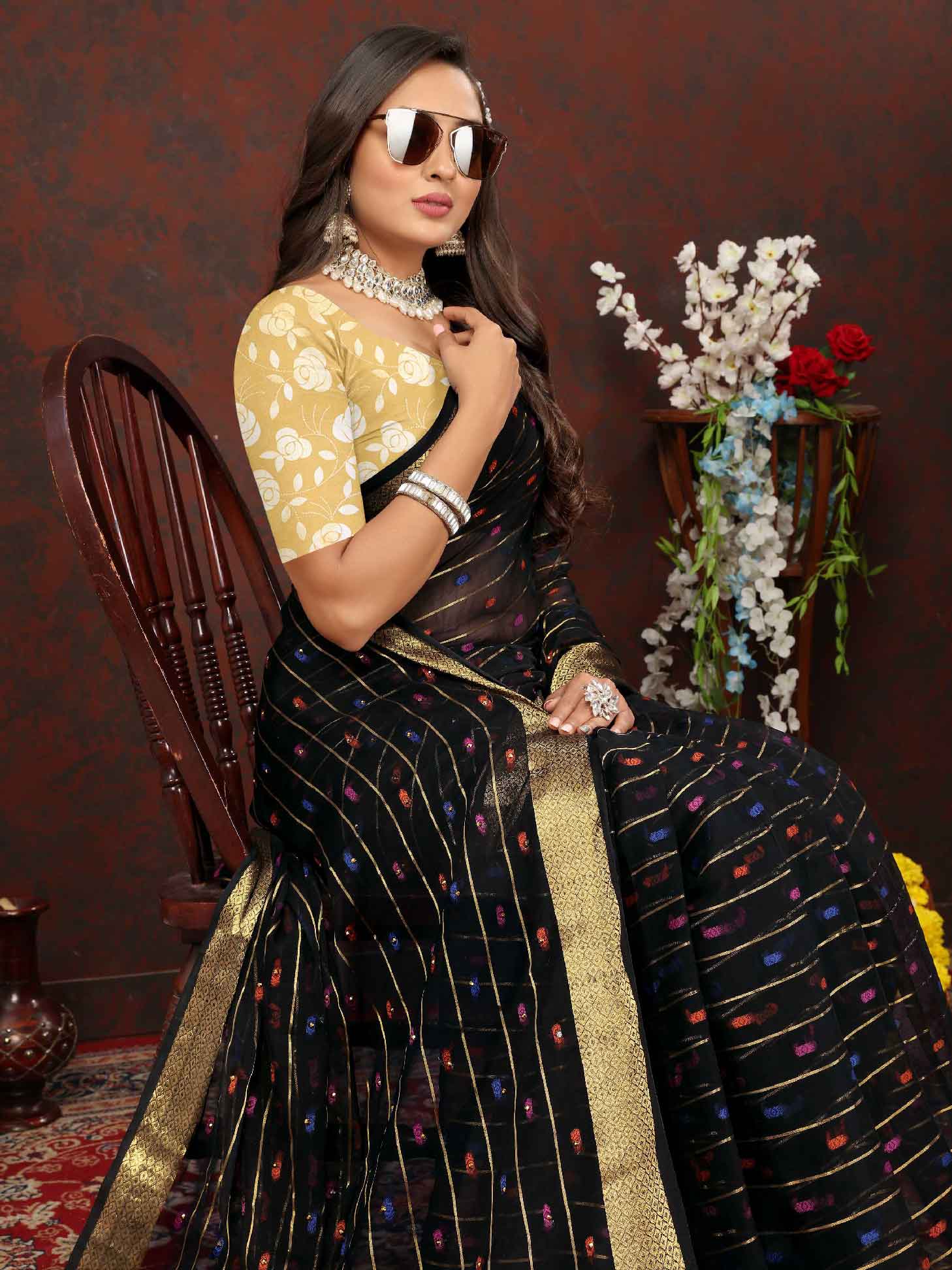 Women's Festive Wear Woven Stripe Black Chiffon Saree with Zari Work