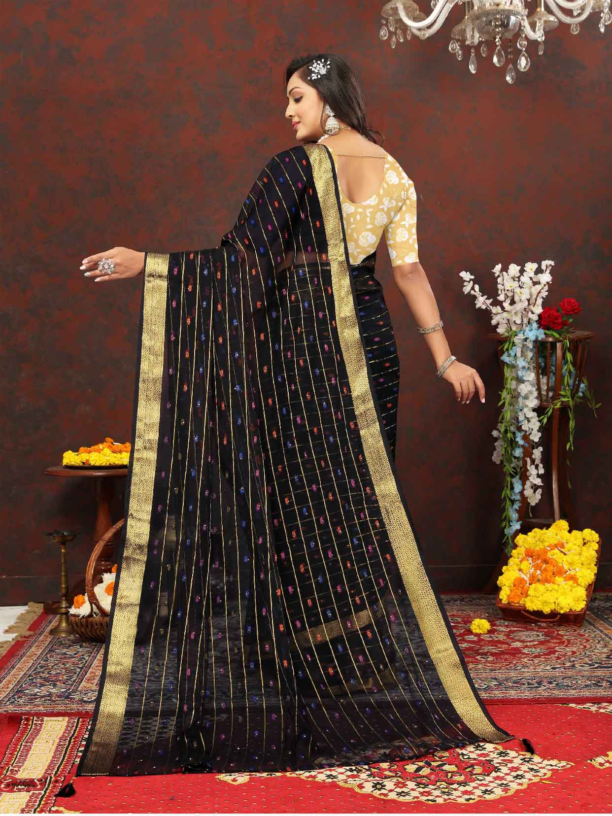 Women's Festive Wear Woven Stripe Black Chiffon Saree with Zari Work