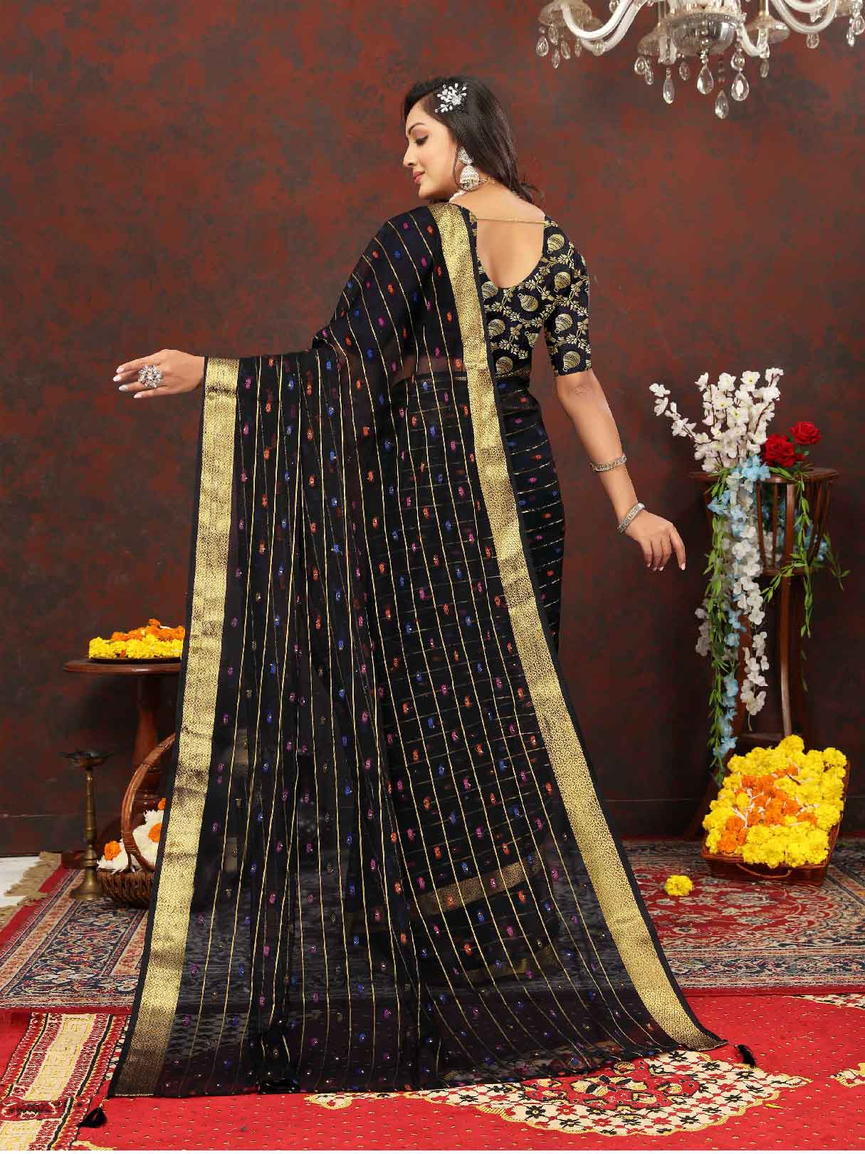 Wedding & Festive Wear Women's Woven Stripe Black Chiffon Saree with Zari Work