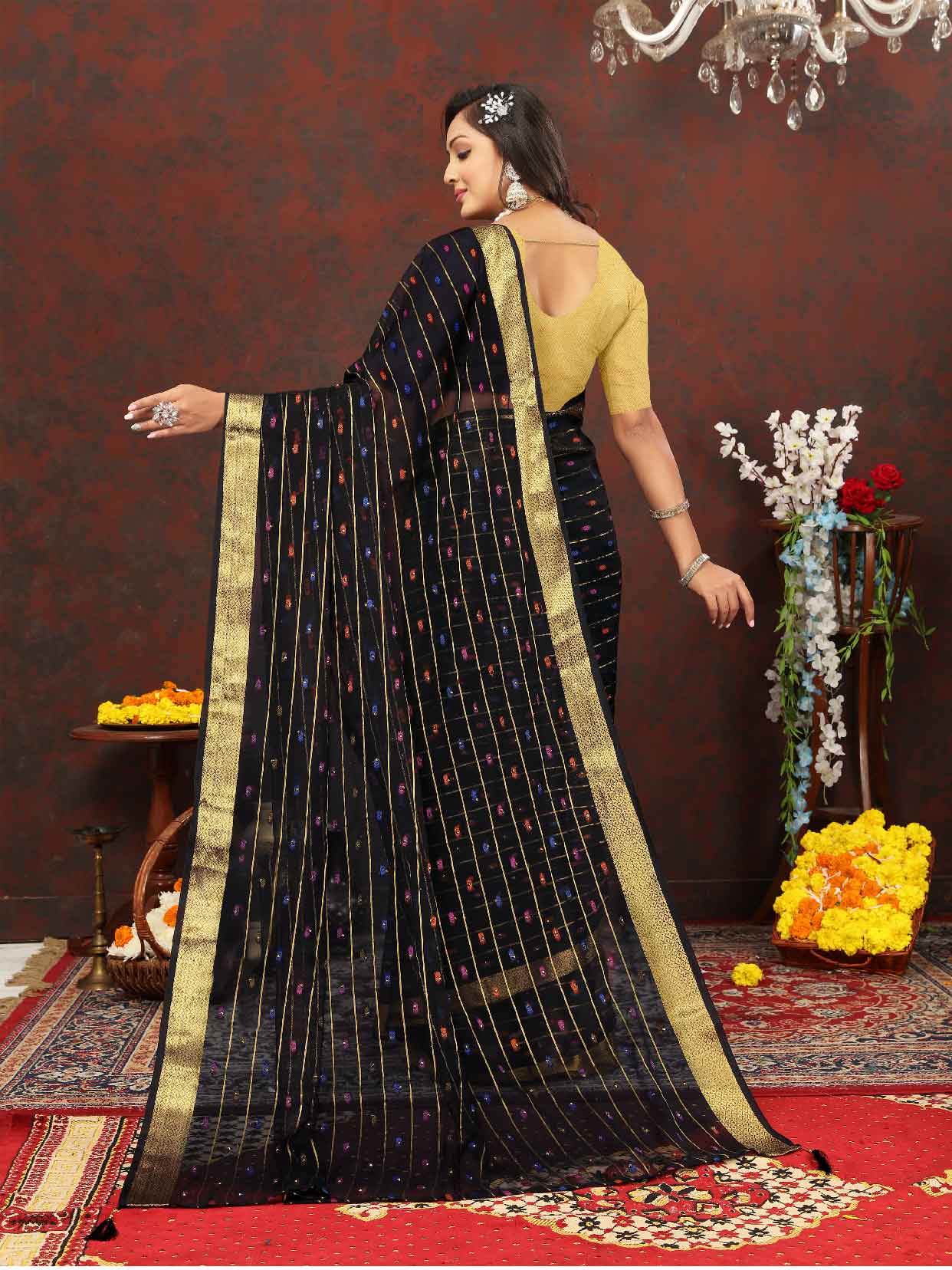 Women's Party Wear Woven Stripe Black Chiffon Saree with Zari Work