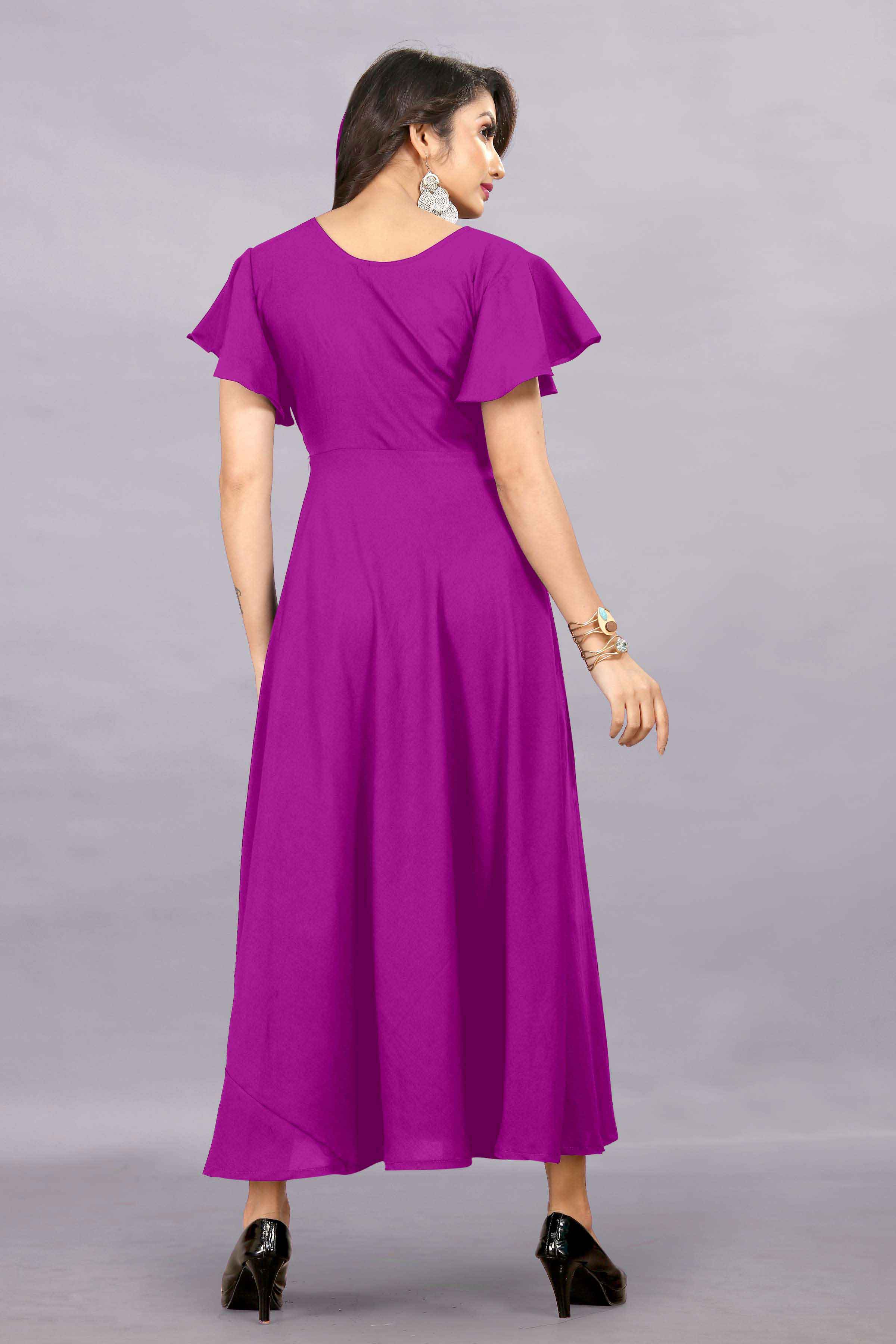 Women's A-Line Flared Maxi Gown with Pocket and Belt - Pink