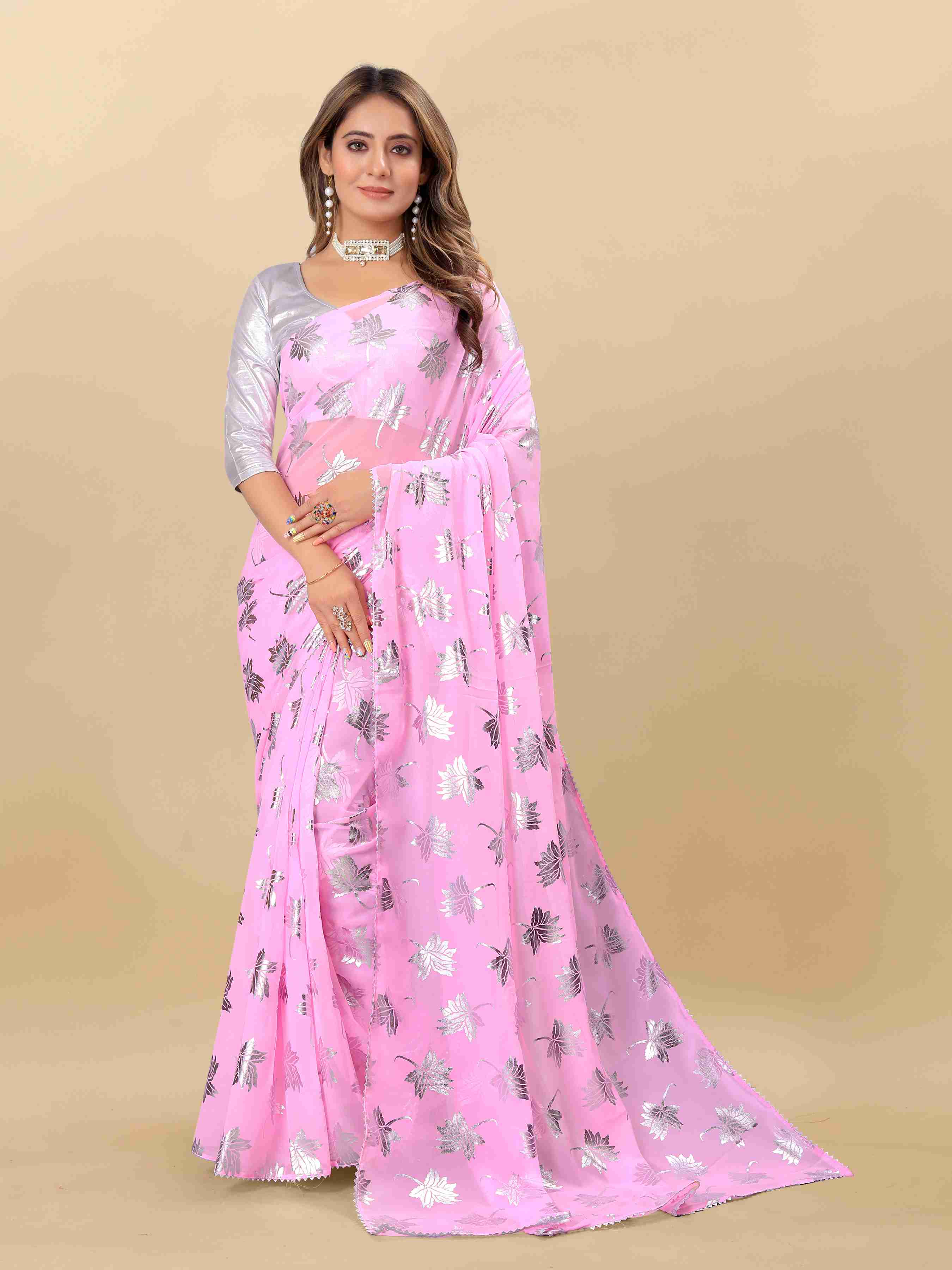 Women's Leaf Print Lace Border Work Pink Georgette Saree with Blouse