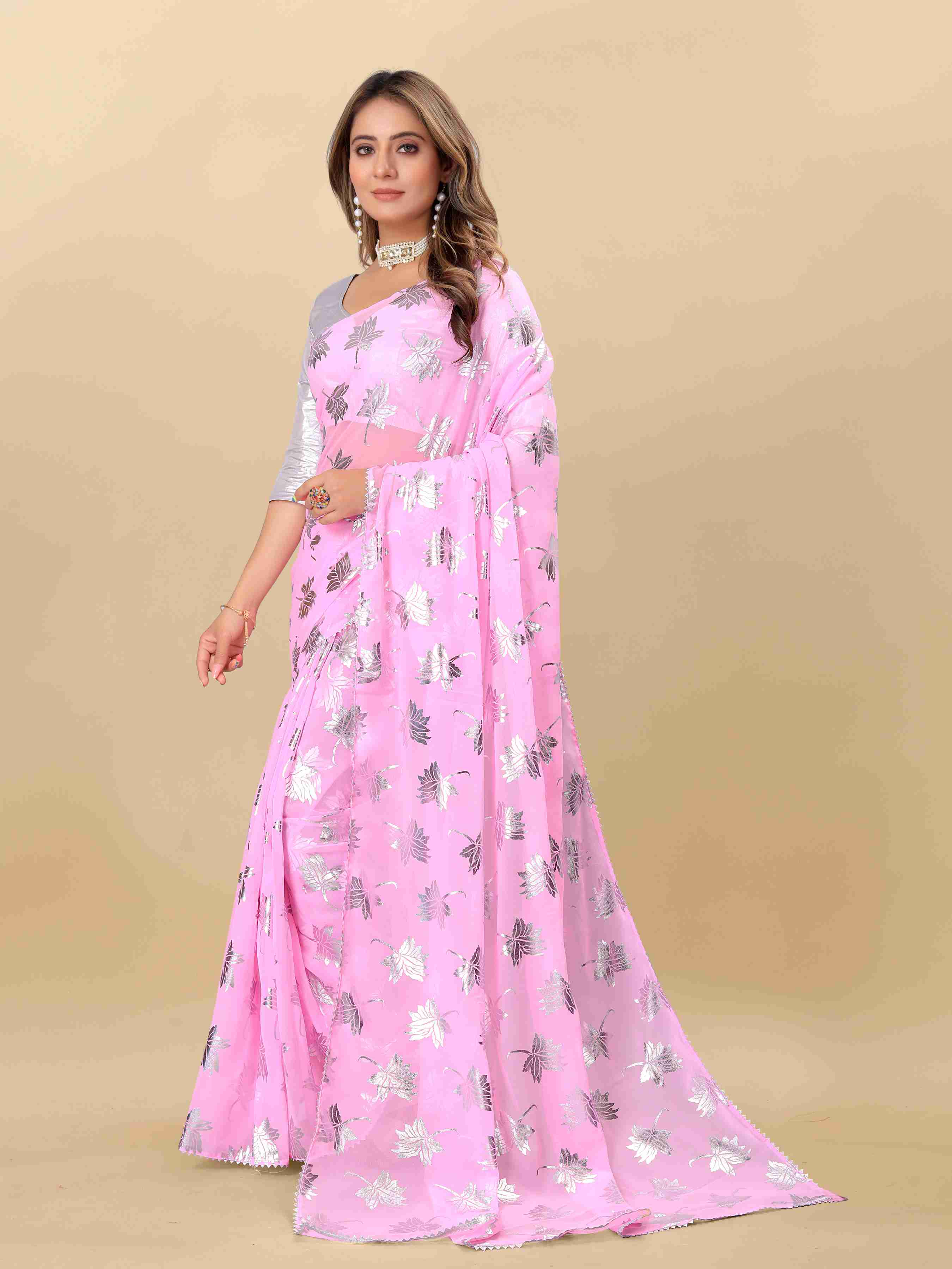 Women's Leaf Print Lace Border Work Pink Georgette Saree with Blouse