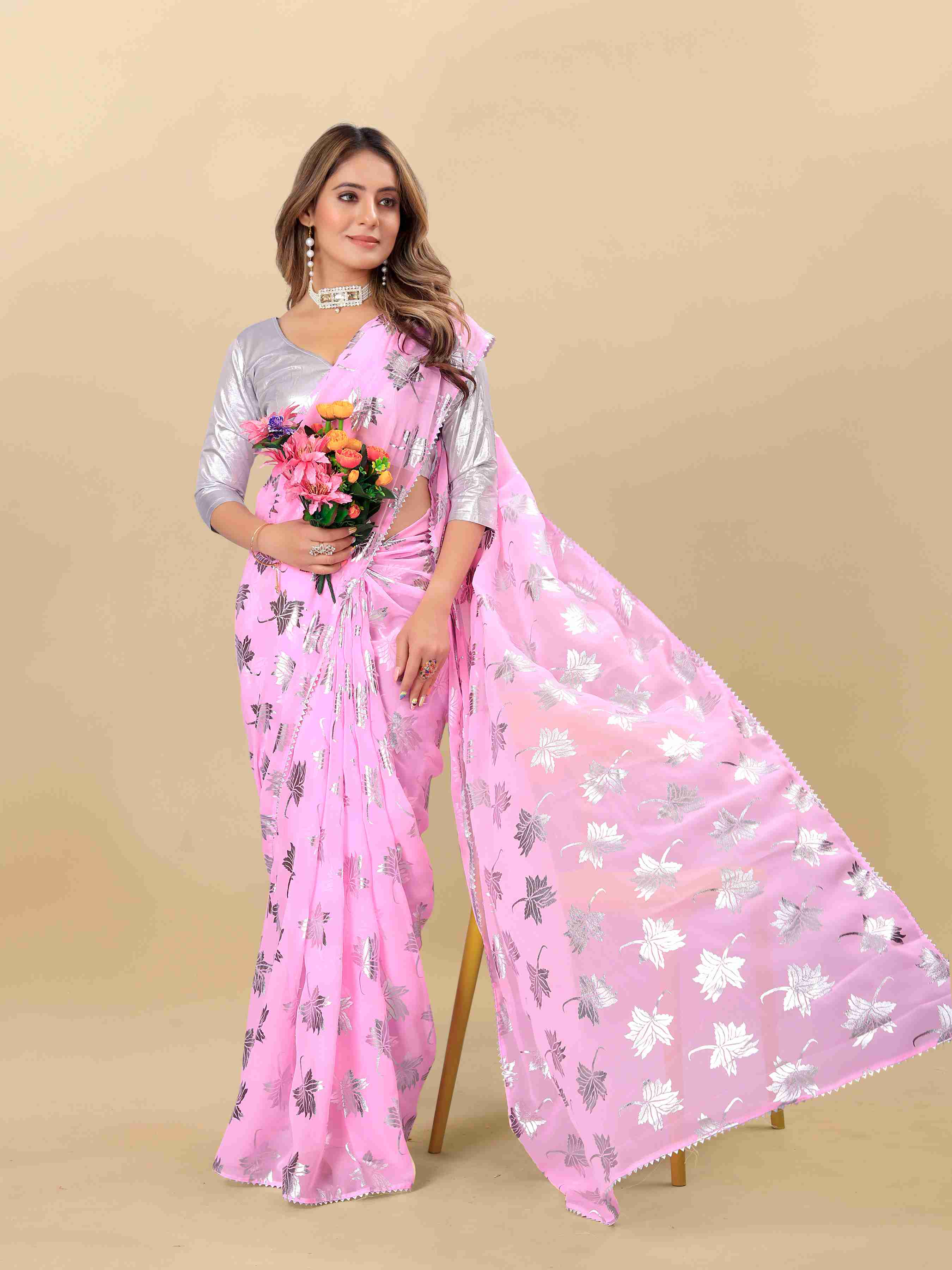 Women's Leaf Print Lace Border Work Pink Georgette Saree with Blouse