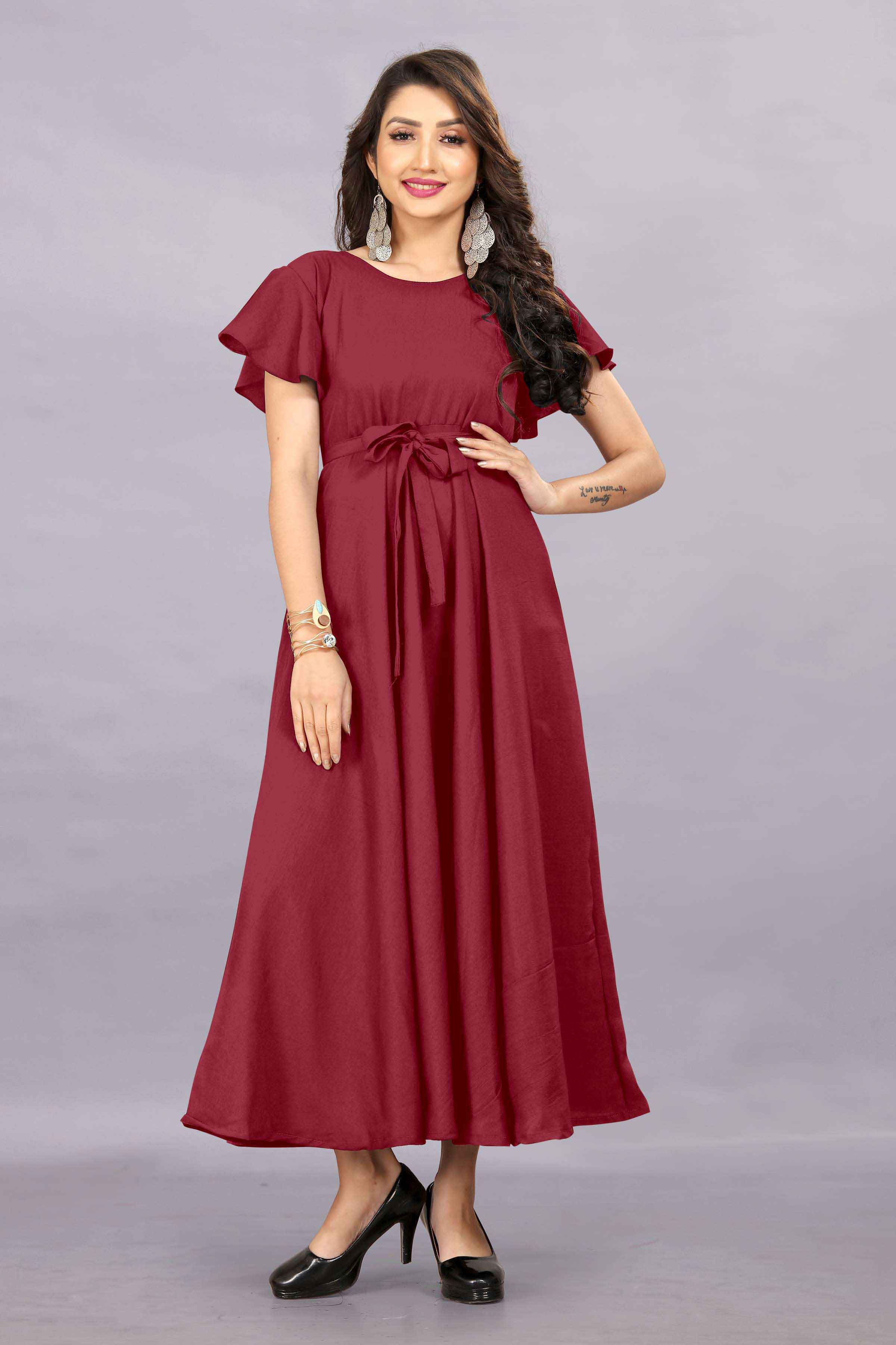 Women's A-Line Flared Maxi Gown with Pocket and Belt - Maroon