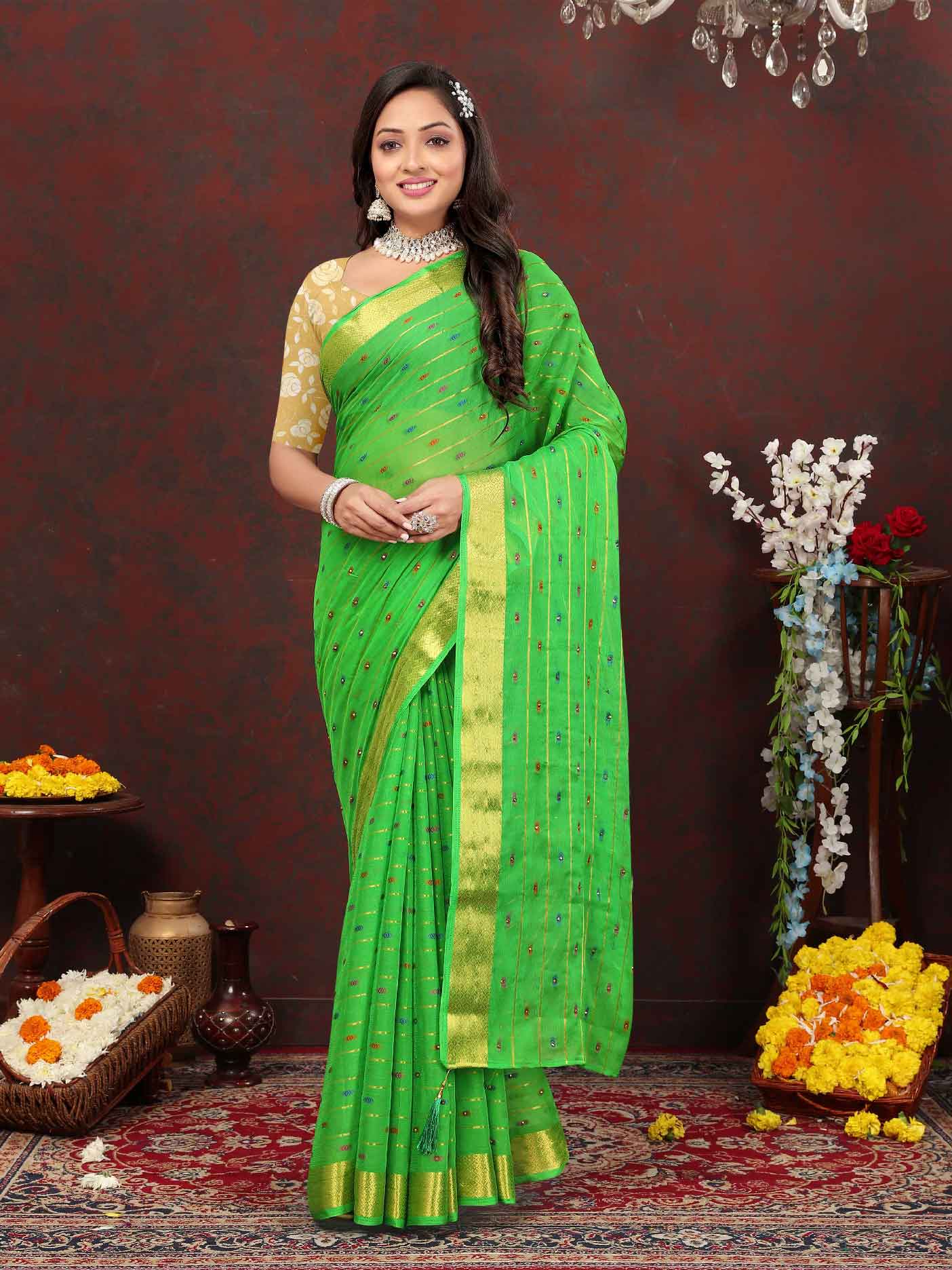 Women's Festive Wear Woven Stripe Green Chiffon Saree with Zari Work