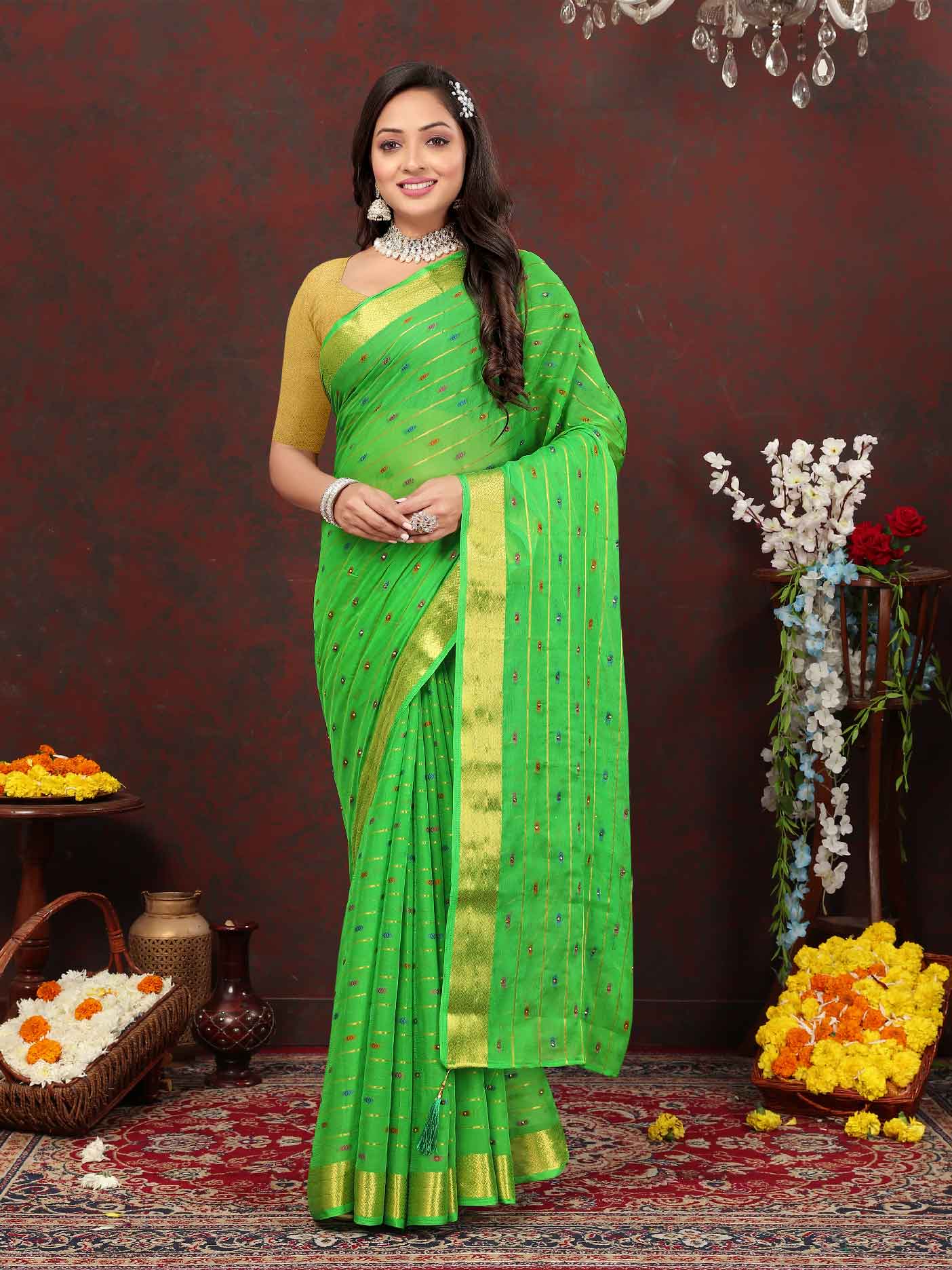 Chic Women's Party Wear Green Chiffon Saree with Woven Stripe Zari Border and Tassels - Elevate your style with this stunning ensemble! Perfect for special occasions, this saree features intricate zari detailing and playful tassels for a touch of elegance. Stand out from the crowd and make a statement in this luxurious saree. Don't miss out on adding this timeless piece to your wardrobe