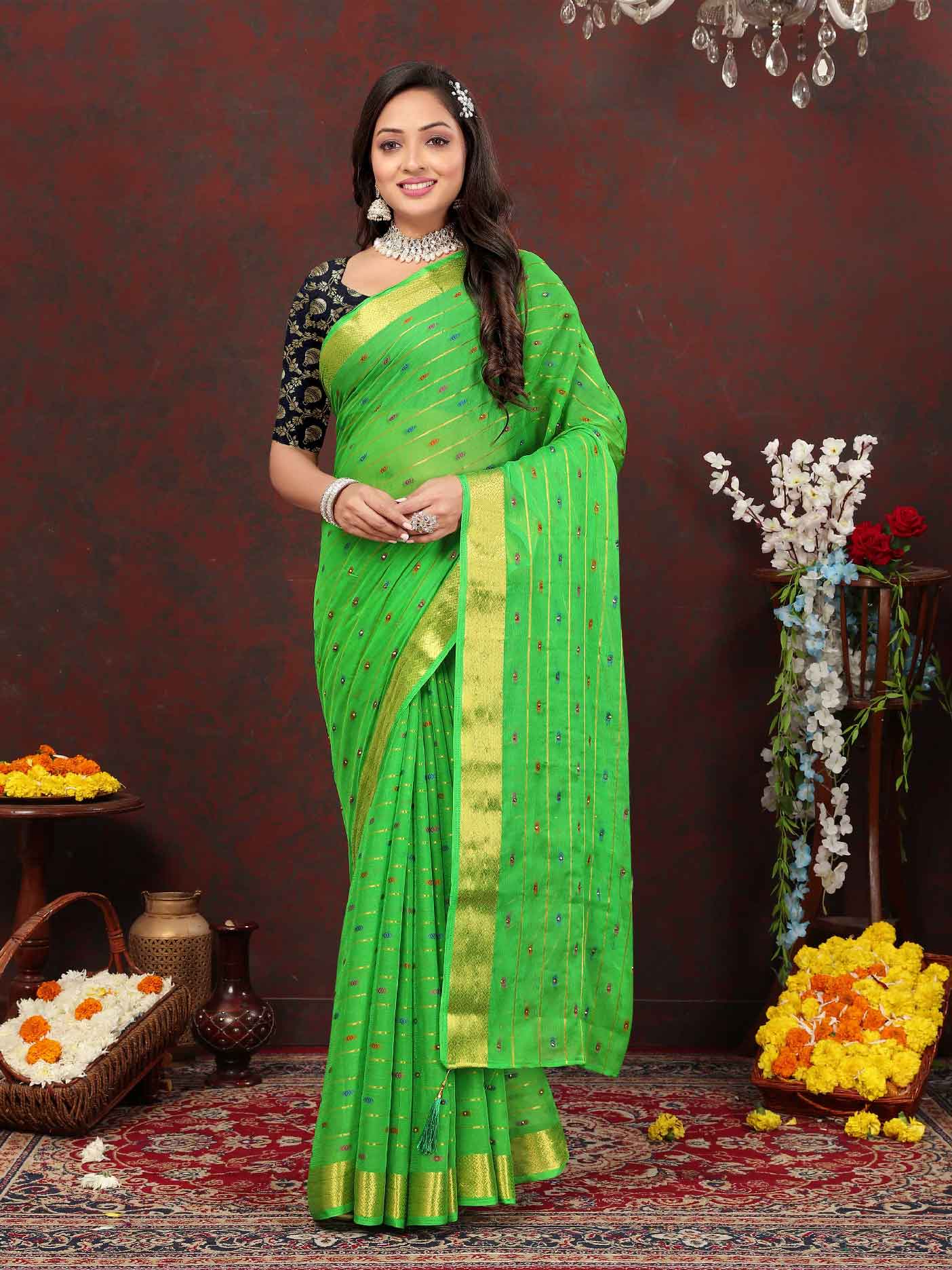 Wedding & Festive Wear Women's Woven Stripe Green Chiffon Saree with Zari Work