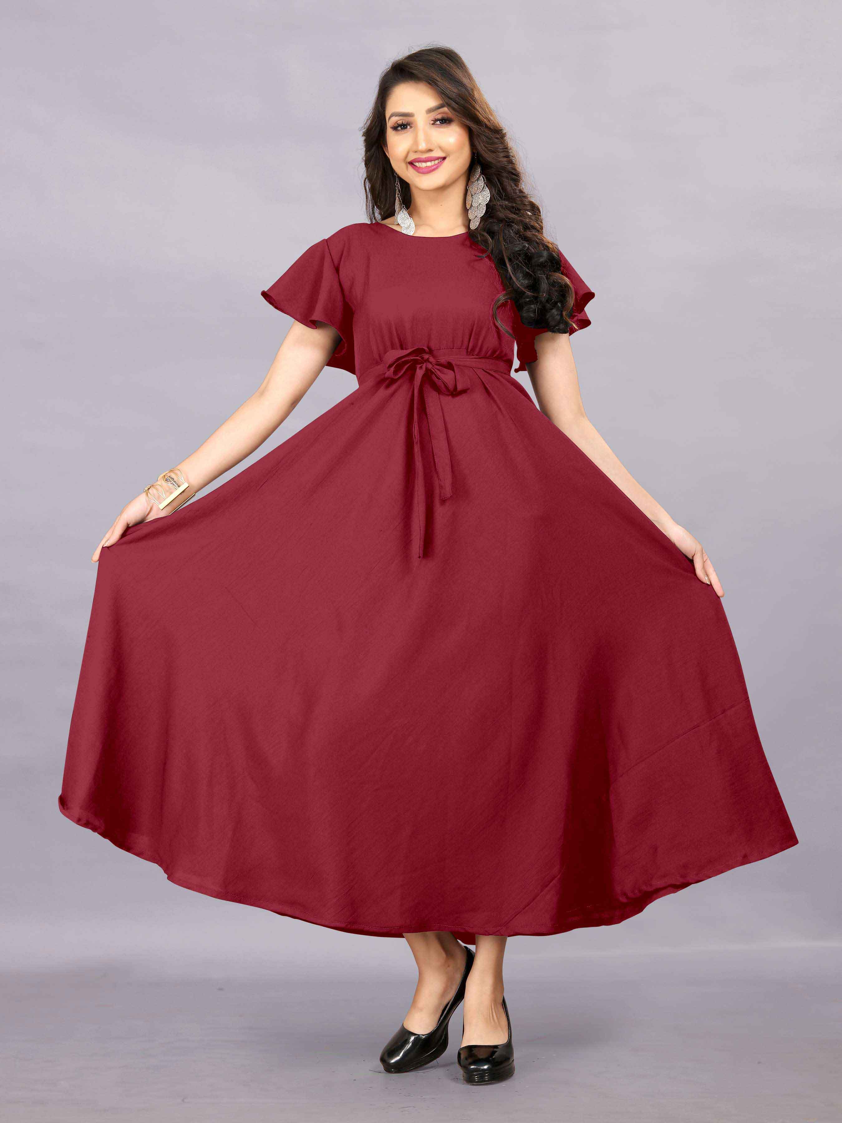 Women's A-Line Flared Maxi Gown with Pocket and Belt - Maroon