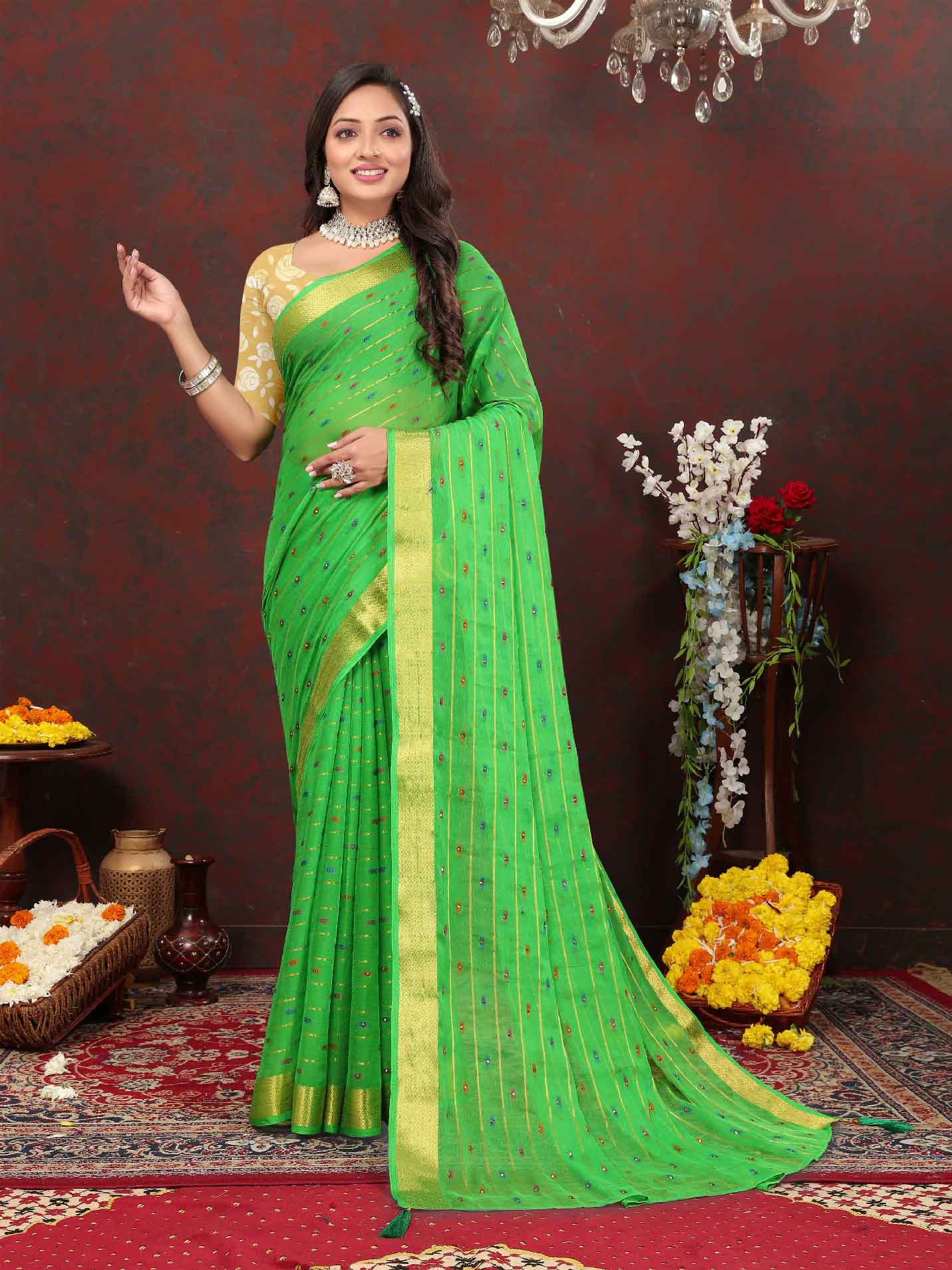 Women's Festive Wear Woven Stripe Green Chiffon Saree with Zari Work