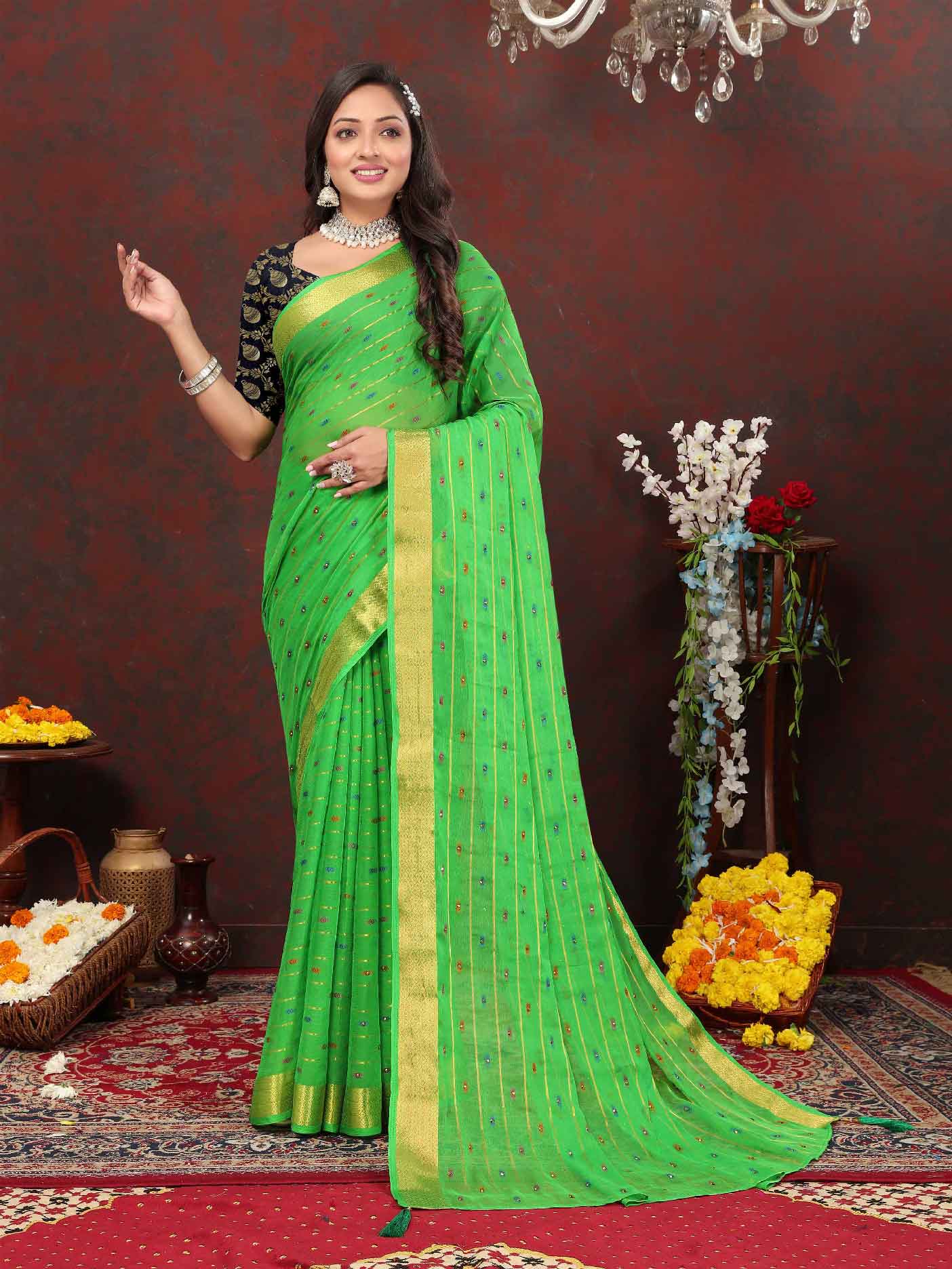 Wedding & Festive Wear Women's Woven Stripe Green Chiffon Saree with Zari Work