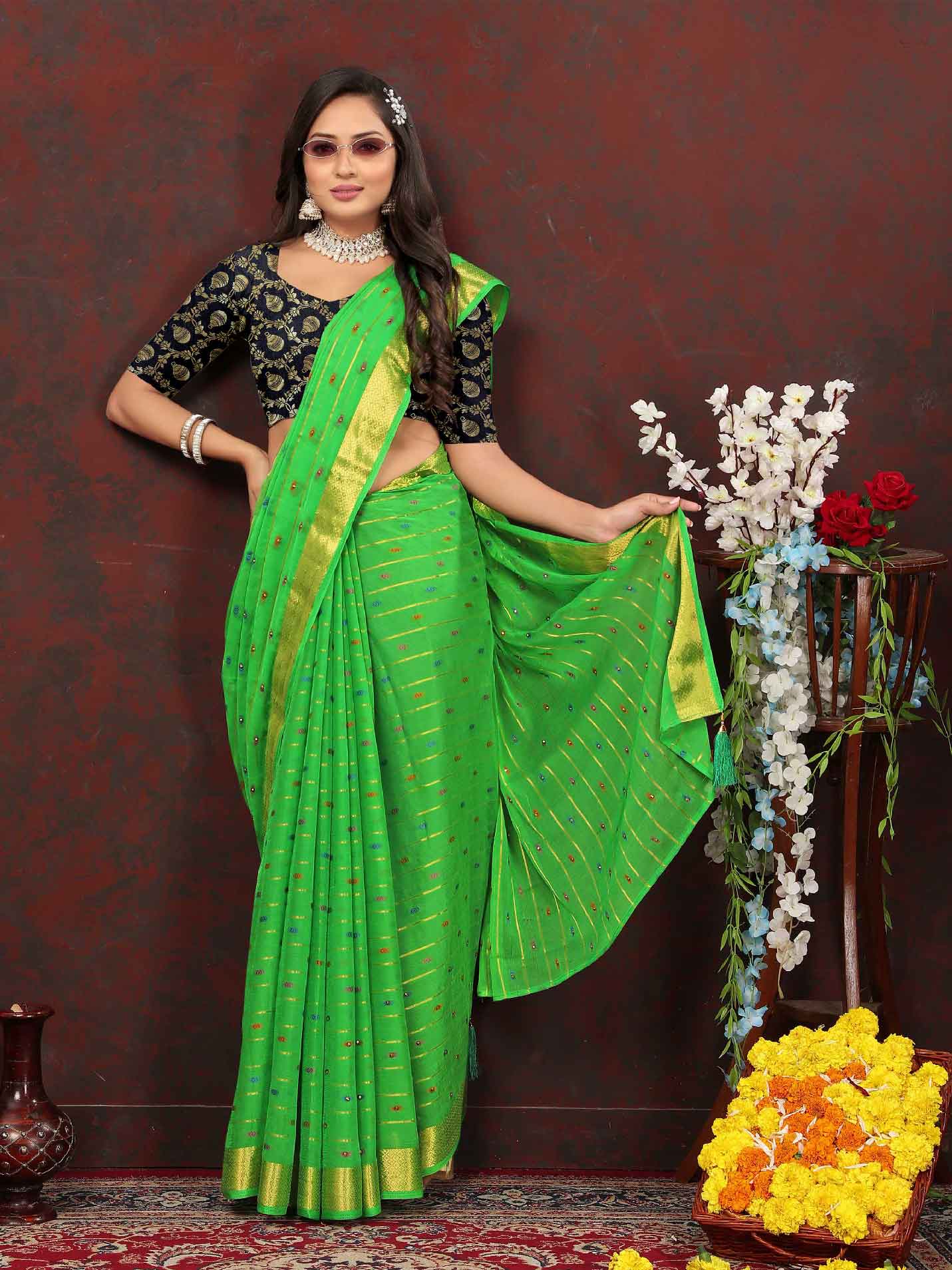 Wedding & Festive Wear Women's Woven Stripe Green Chiffon Saree with Zari Work