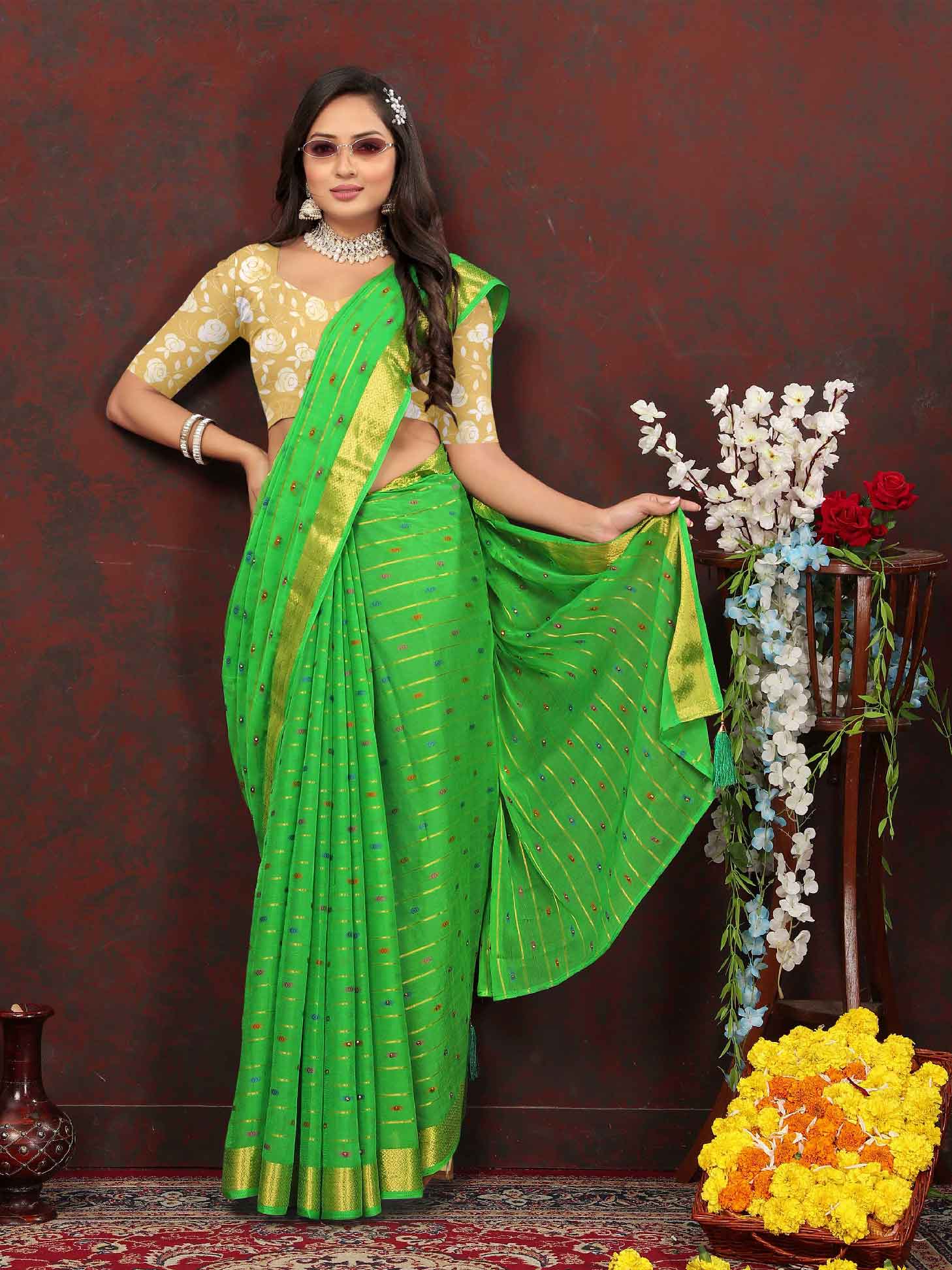 Women's Festive Wear Woven Stripe Green Chiffon Saree with Zari Work