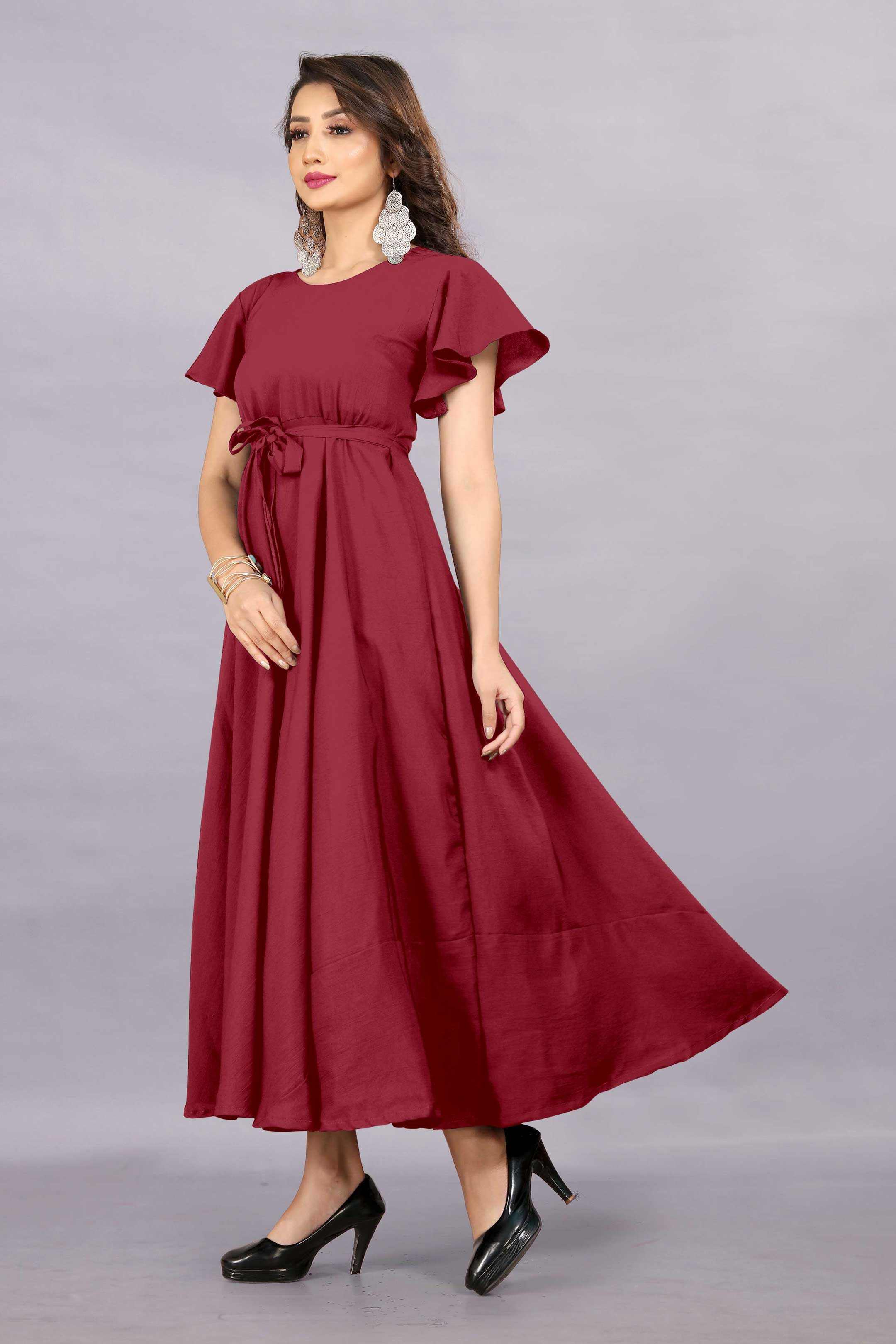 Women's A-Line Flared Maxi Gown with Pocket and Belt - Maroon