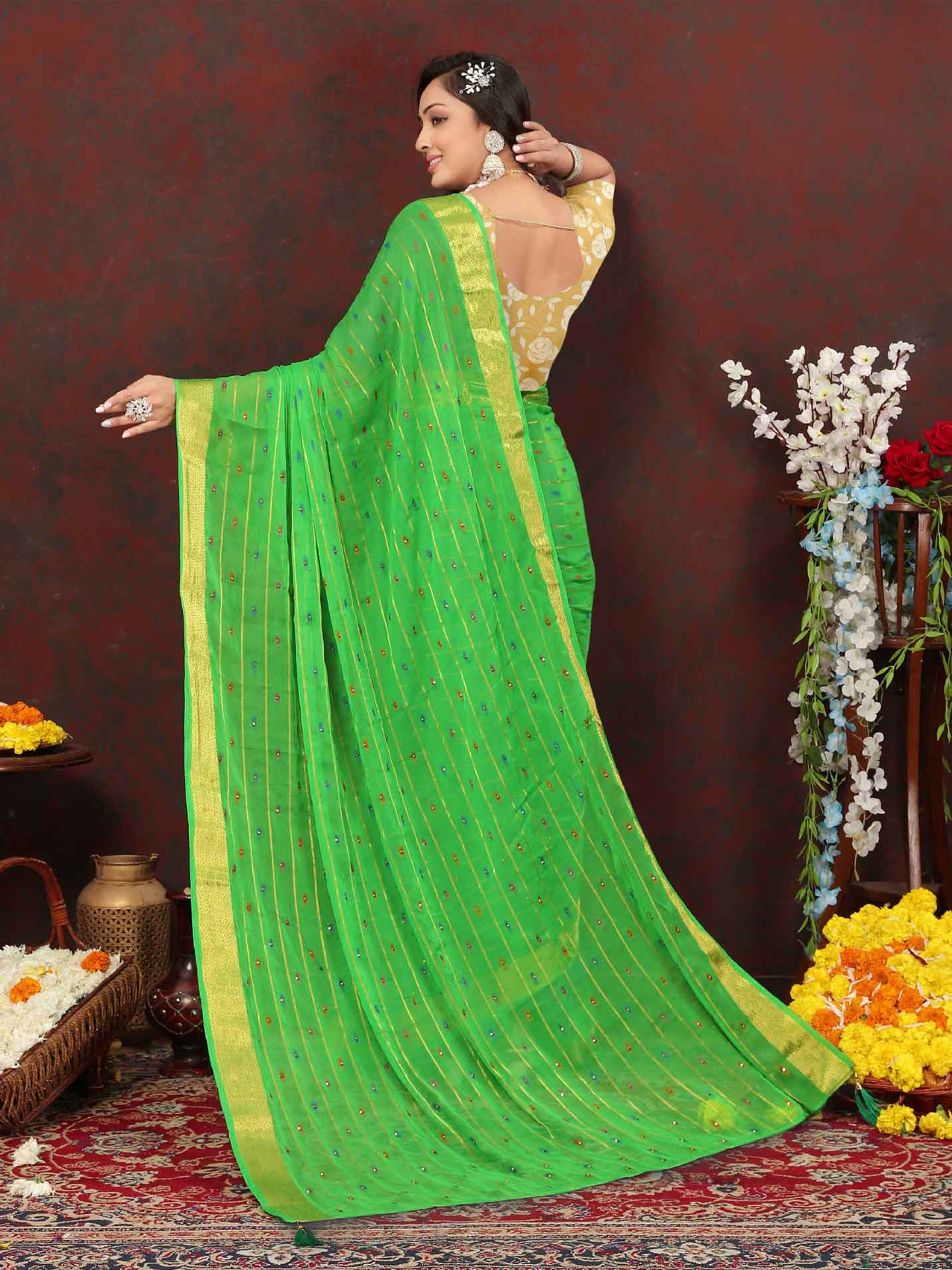 Women's Festive Wear Woven Stripe Green Chiffon Saree with Zari Work