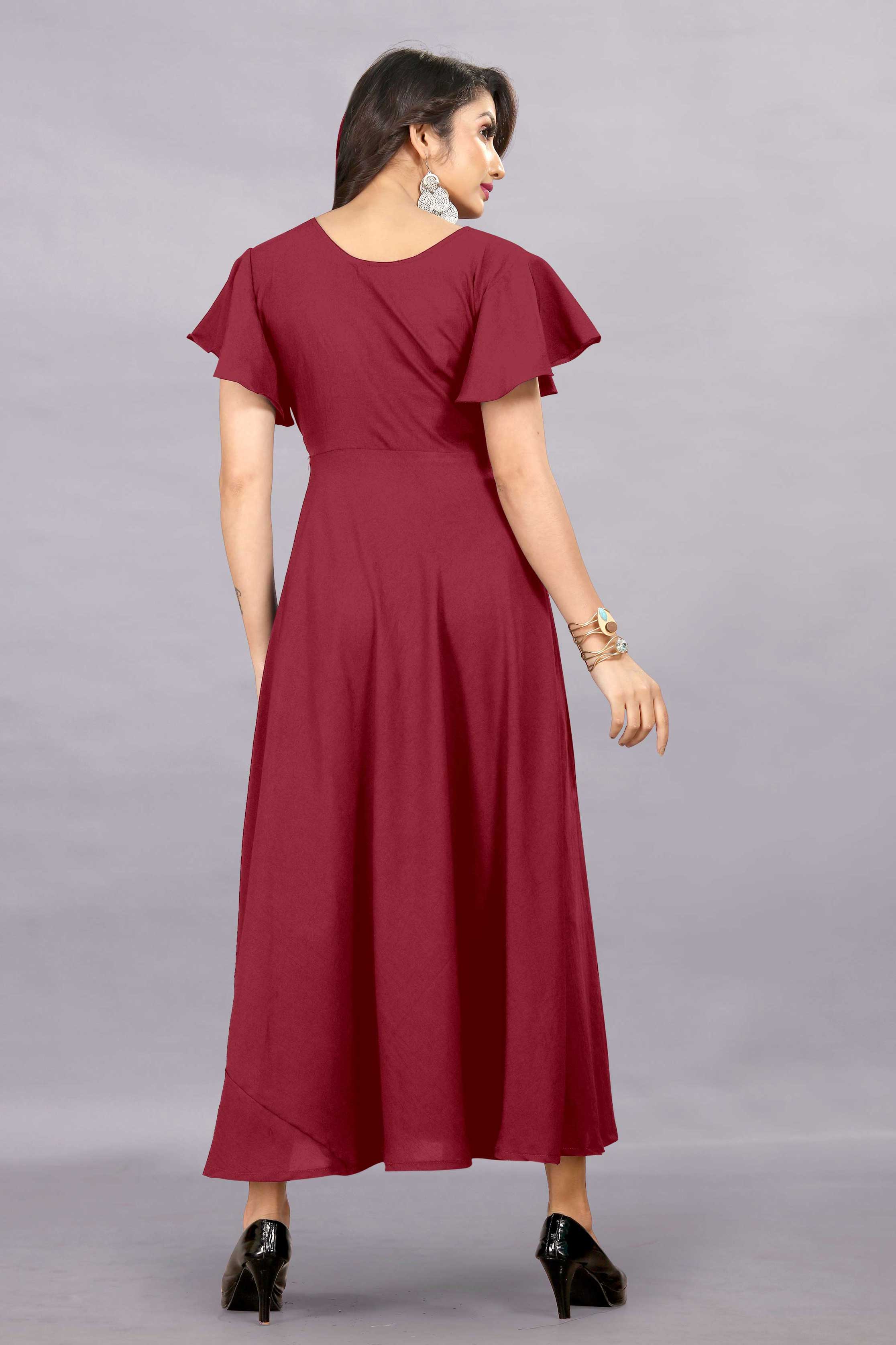 Women's A-Line Flared Maxi Gown with Pocket and Belt - Maroon