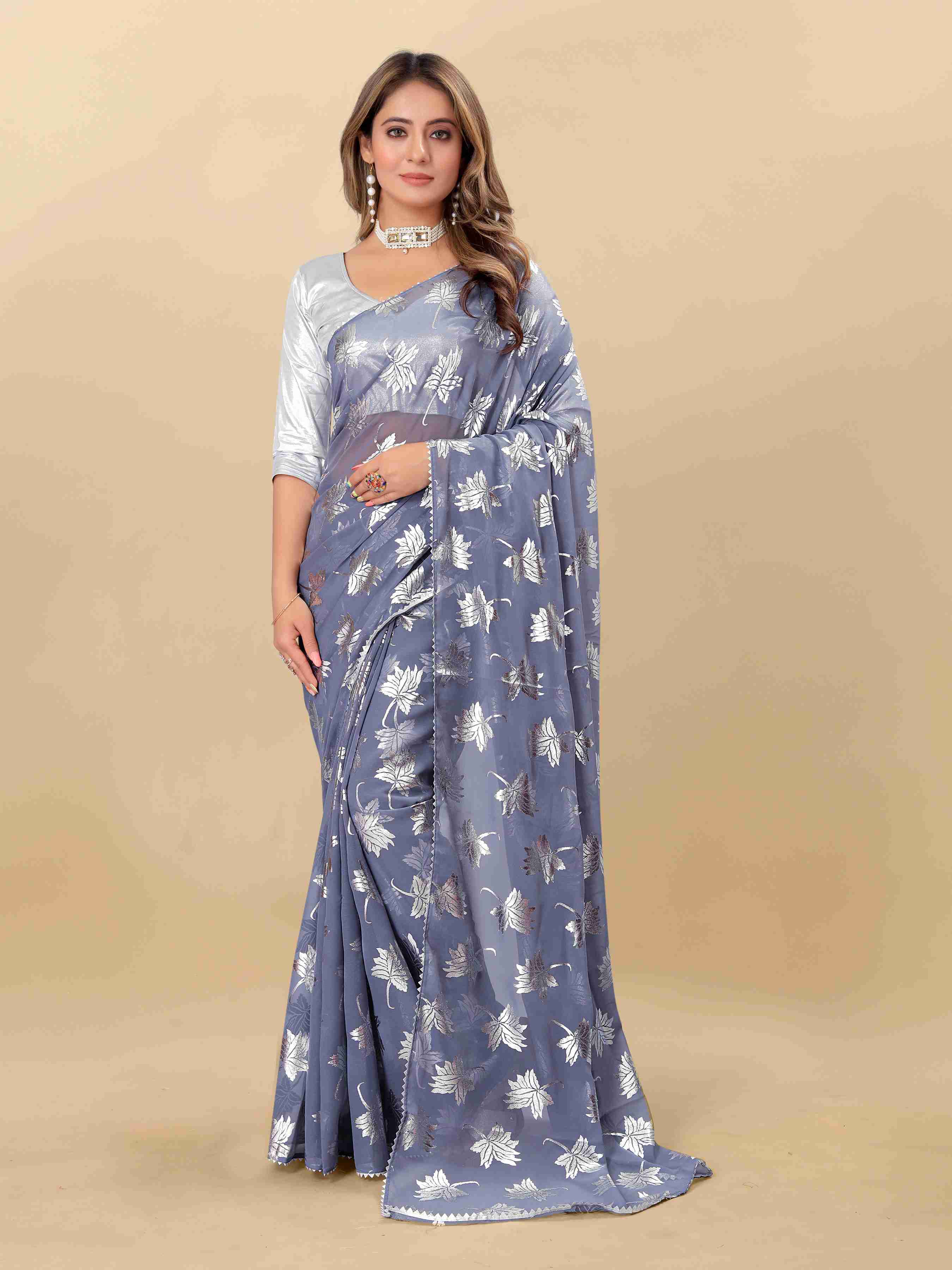 Women's Leaf Print Lace Border Work Grey Georgette Saree with Blouse