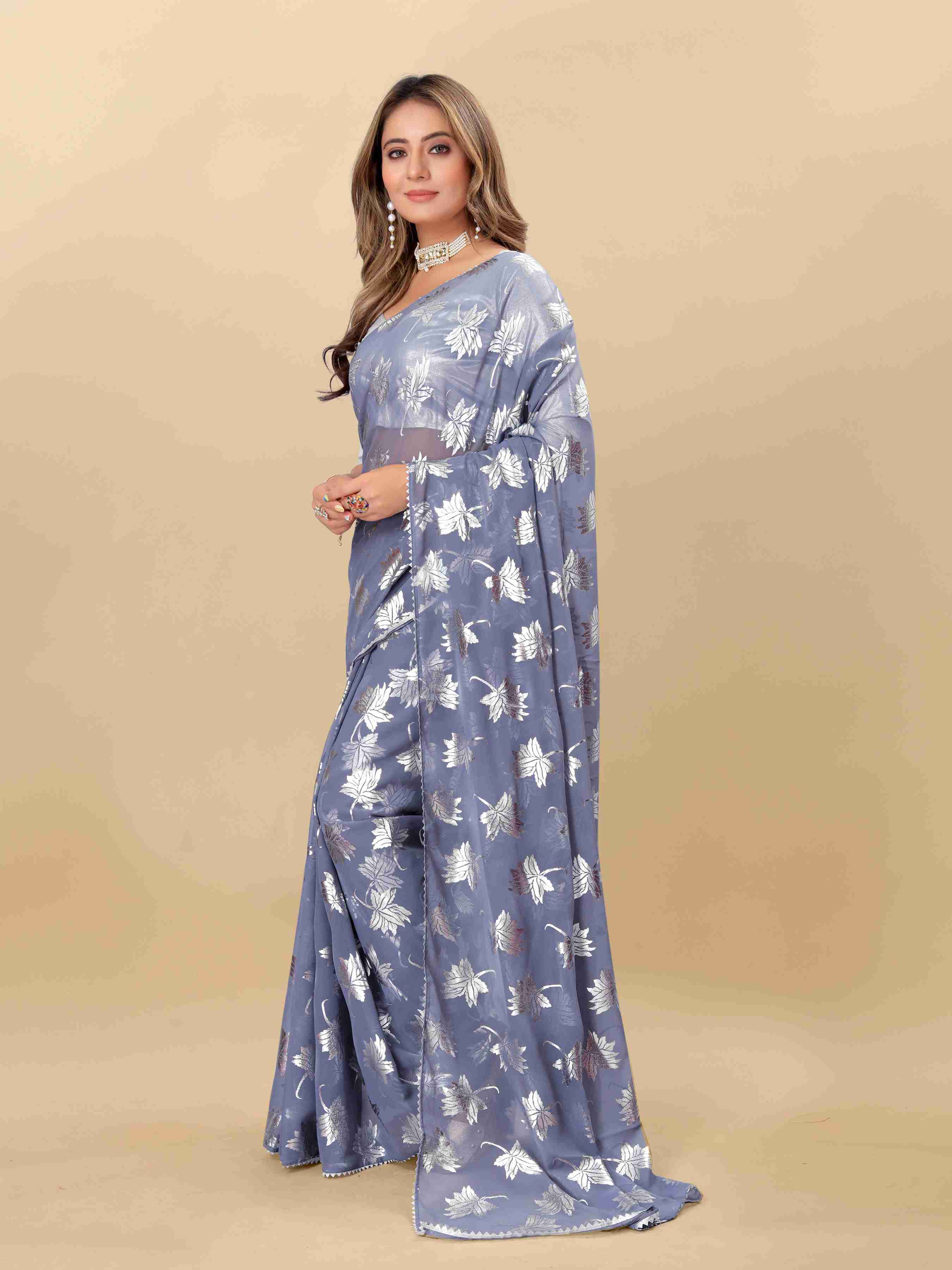 Women's Leaf Print Lace Border Work Grey Georgette Saree with Blouse