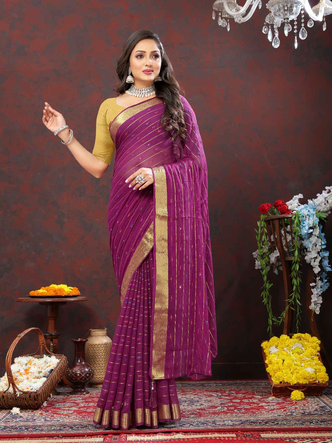 Women's Party Wear Woven Stripe Purple Chiffon Saree with Zari Work