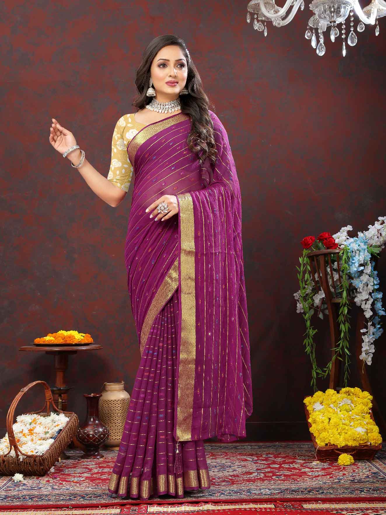 Women's Festive Wear Woven Stripe Purple Chiffon Saree with Zari Work