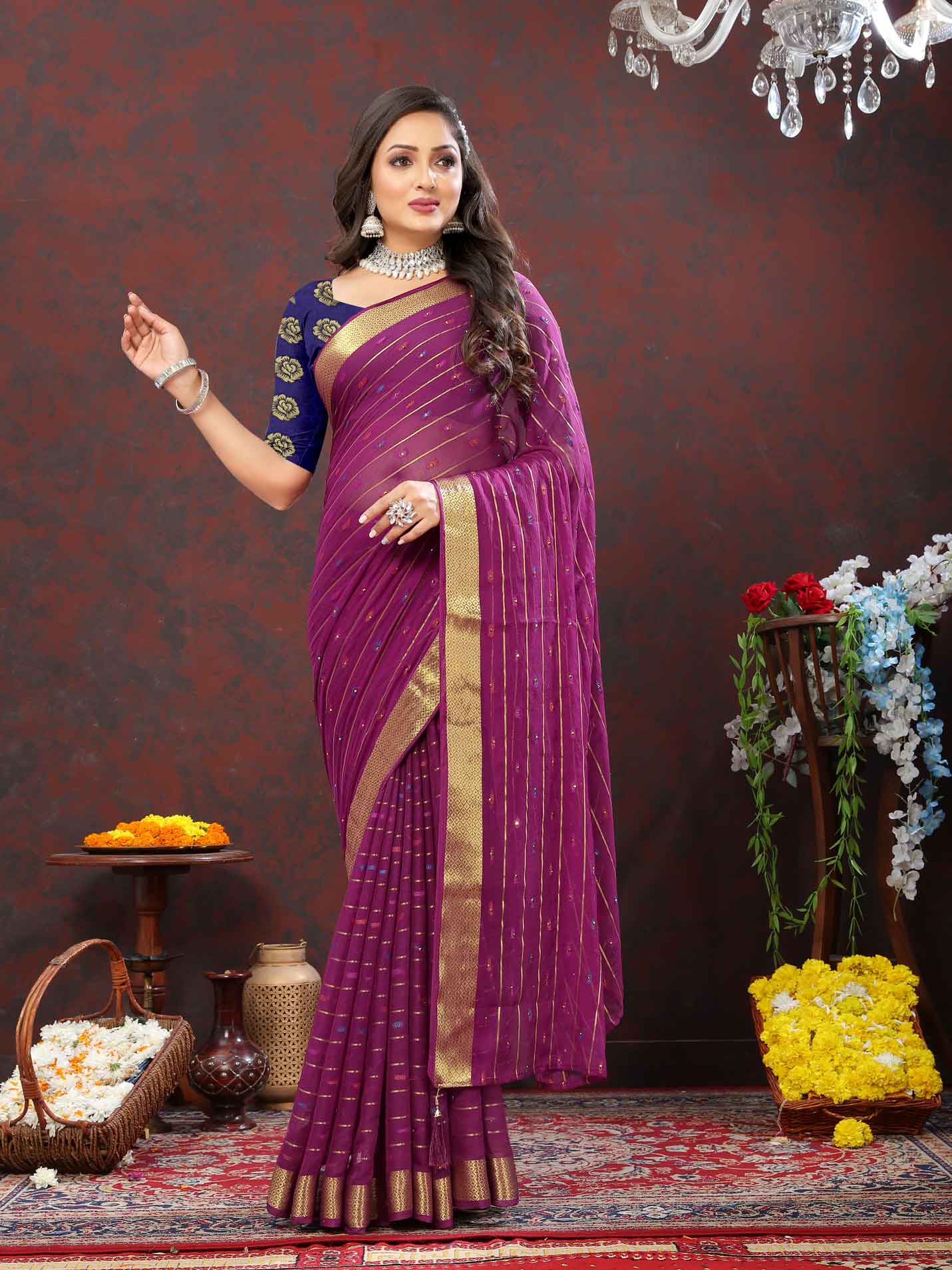 Elegant Women's Party Wear Purple Chiffon Saree with Woven Stripe Zari Border and Zari Work - Perfect for special occasions, make a statement with this stunning ensemble! Elevate your style with intricate zari detailing and luxurious chiffon fabric. Stand out from the crowd in this exquisite saree, designed to dazzle at every event. Don't miss out on this timeless piece of elegance!