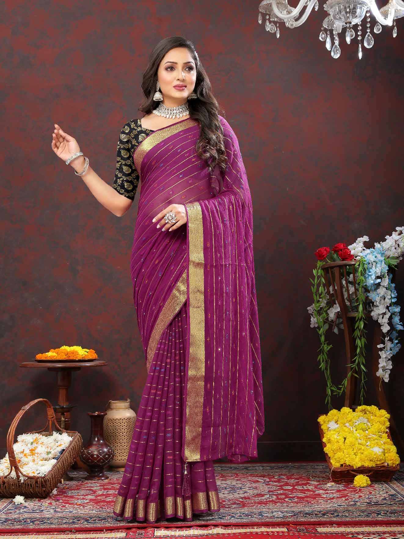 Wedding & Festive Wear Women's Woven Stripe Purple Chiffon Saree with Zari Work