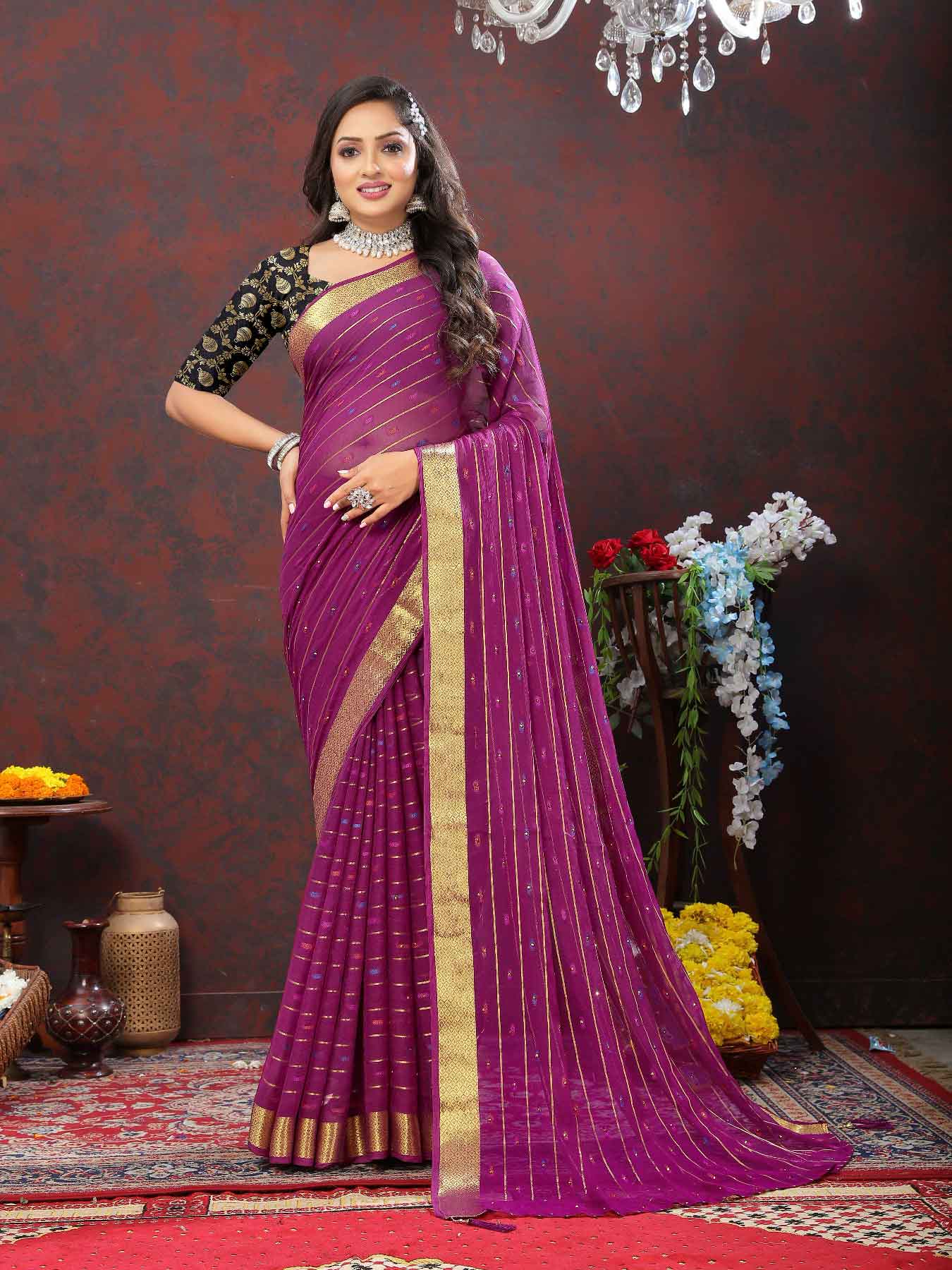 Wedding & Festive Wear Women's Woven Stripe Purple Chiffon Saree with Zari Work