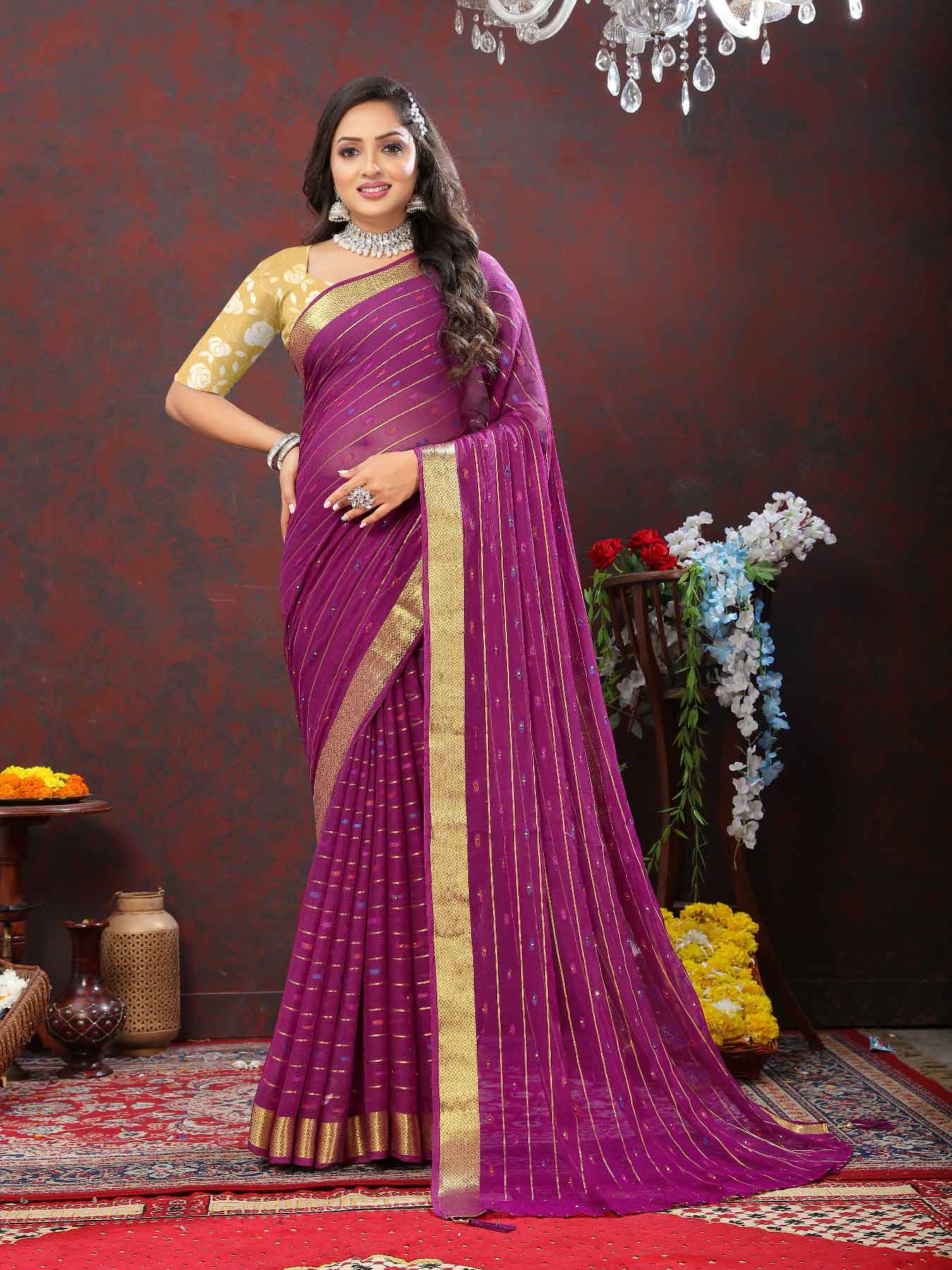 Women's Festive Wear Woven Stripe Purple Chiffon Saree with Zari Work