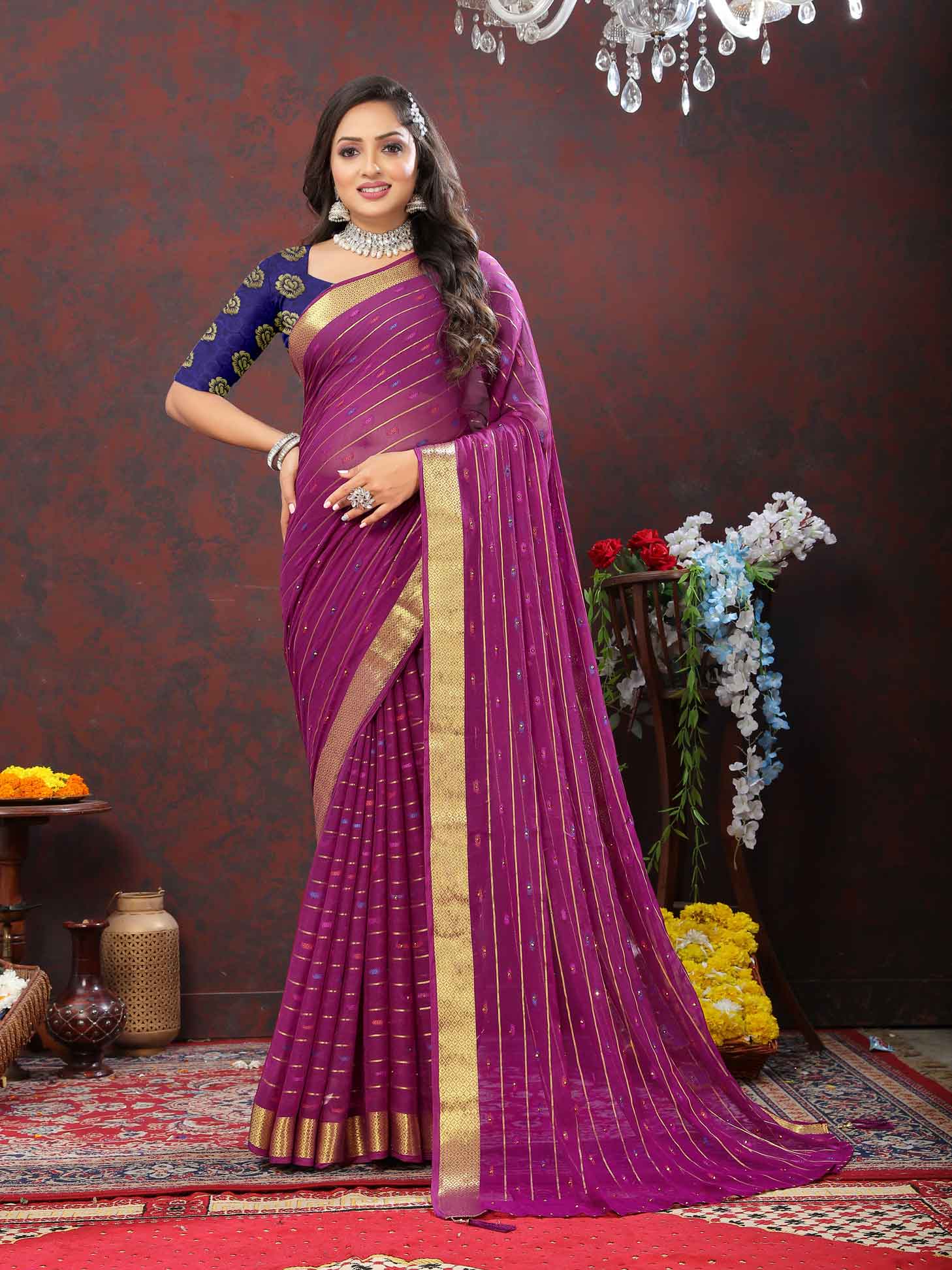 Elegant Women's Party Wear Purple Chiffon Saree with Woven Stripe Zari Border and Zari Work - Perfect for special occasions, make a statement with this stunning ensemble! Elevate your style with intricate zari detailing and luxurious chiffon fabric. Stand out from the crowd in this exquisite saree, designed to dazzle at every event. Don't miss out on this timeless piece of elegance!