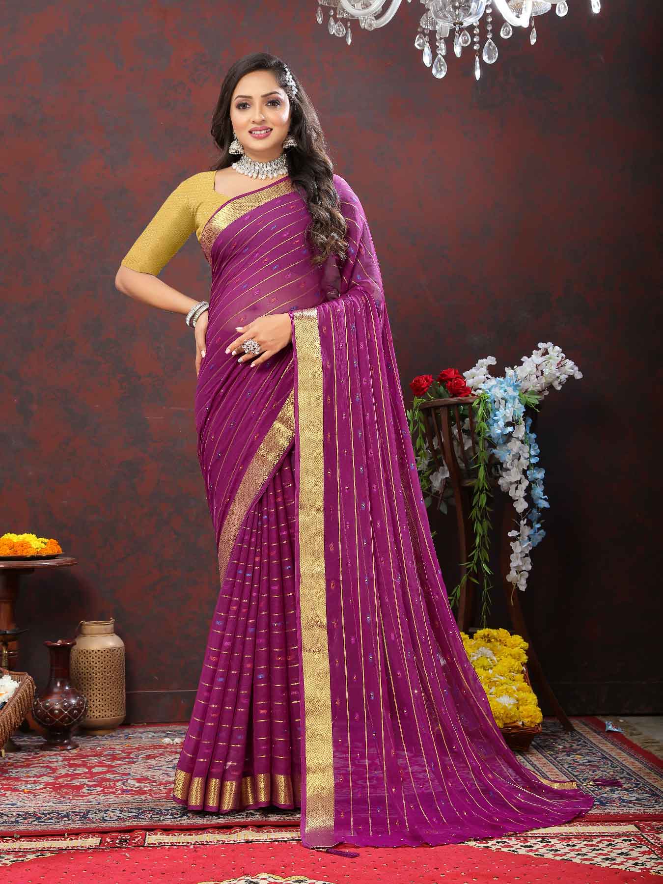 Women's Party Wear Woven Stripe Purple Chiffon Saree with Zari Work