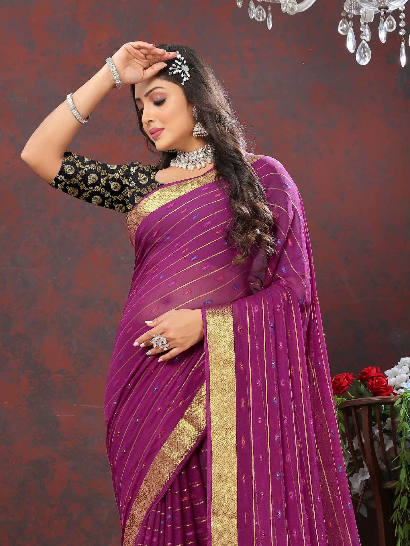 Wedding & Festive Wear Women's Woven Stripe Purple Chiffon Saree with Zari Work