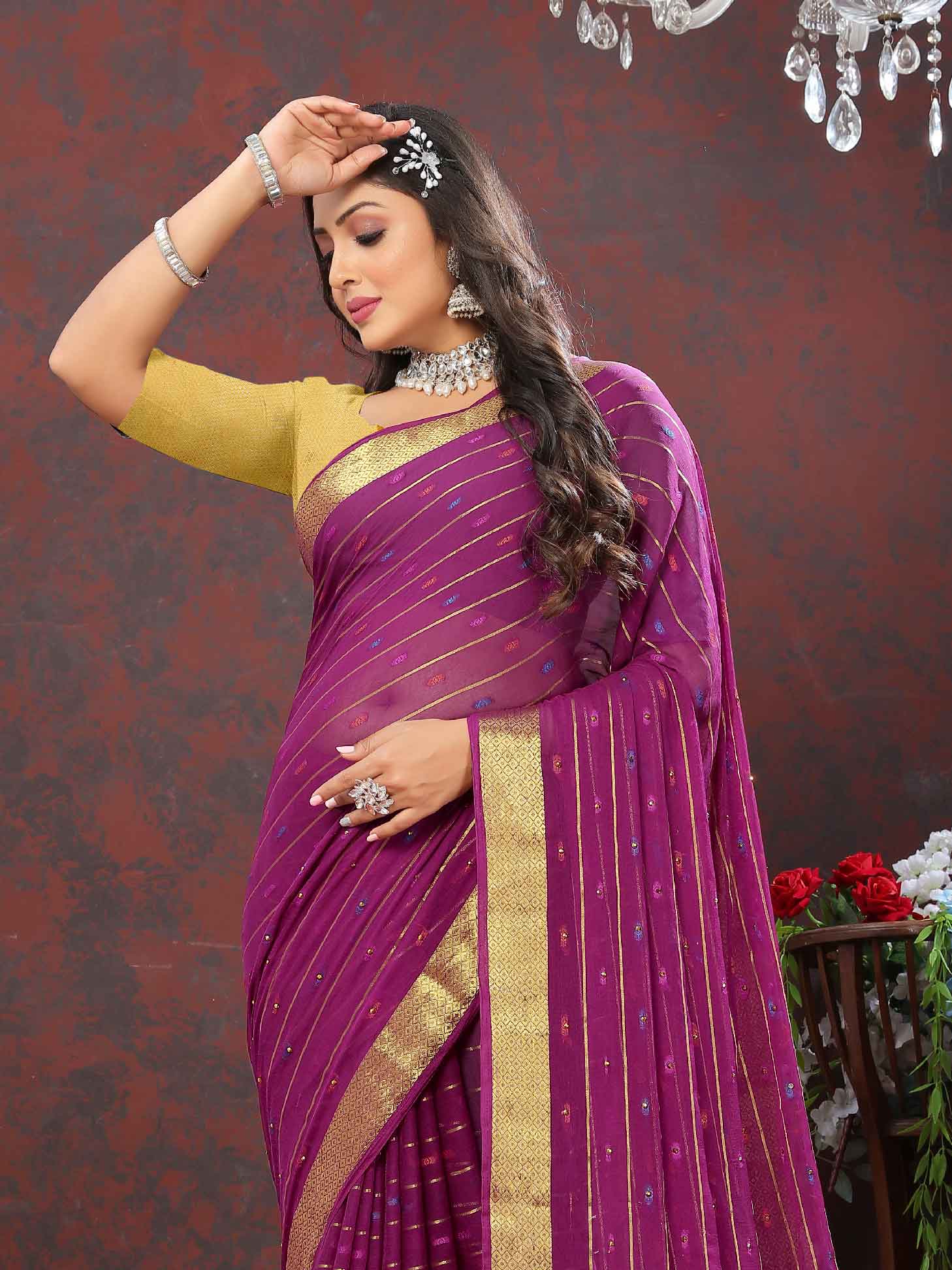 Women's Party Wear Woven Stripe Purple Chiffon Saree with Zari Work