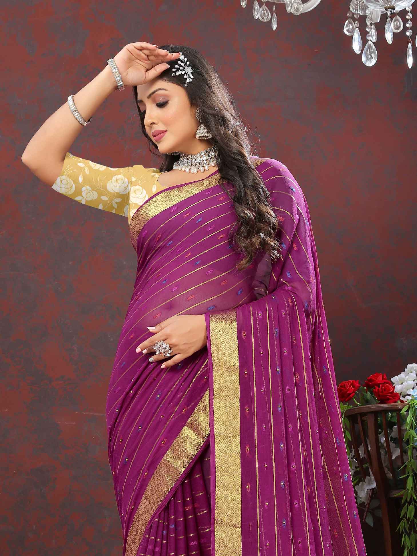 Women's Festive Wear Woven Stripe Purple Chiffon Saree with Zari Work