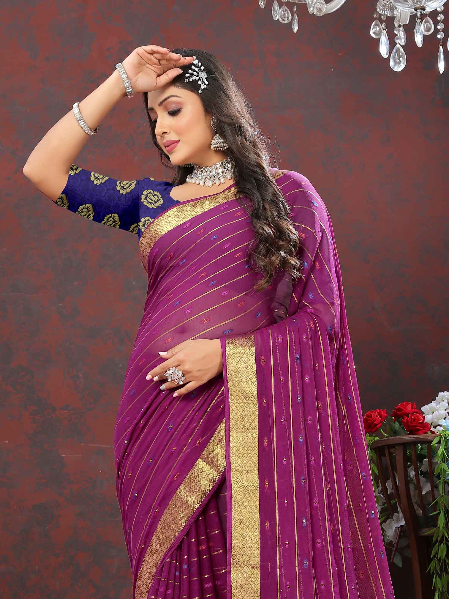 Elegant Women's Party Wear Purple Chiffon Saree with Woven Stripe Zari Border and Zari Work - Perfect for special occasions, make a statement with this stunning ensemble! Elevate your style with intricate zari detailing and luxurious chiffon fabric. Stand out from the crowd in this exquisite saree, designed to dazzle at every event. Don't miss out on this timeless piece of elegance!