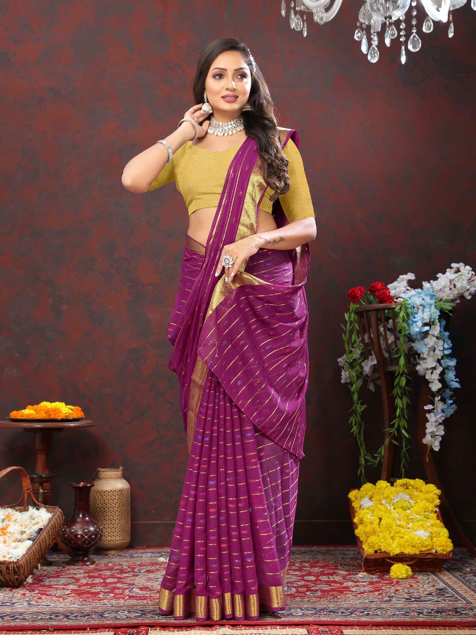 Women's Party Wear Woven Stripe Purple Chiffon Saree with Zari Work