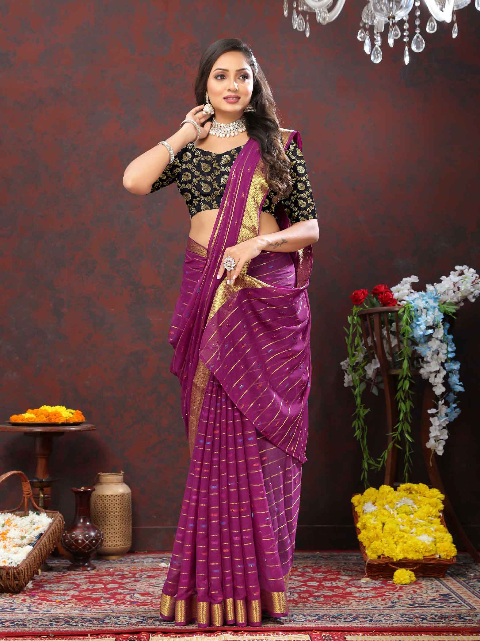 Wedding & Festive Wear Women's Woven Stripe Purple Chiffon Saree with Zari Work