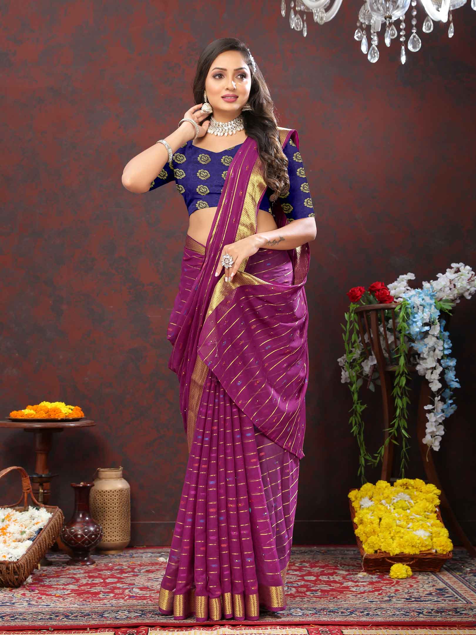 Elegant Women's Party Wear Purple Chiffon Saree with Woven Stripe Zari Border and Zari Work - Perfect for special occasions, make a statement with this stunning ensemble! Elevate your style with intricate zari detailing and luxurious chiffon fabric. Stand out from the crowd in this exquisite saree, designed to dazzle at every event. Don't miss out on this timeless piece of elegance!