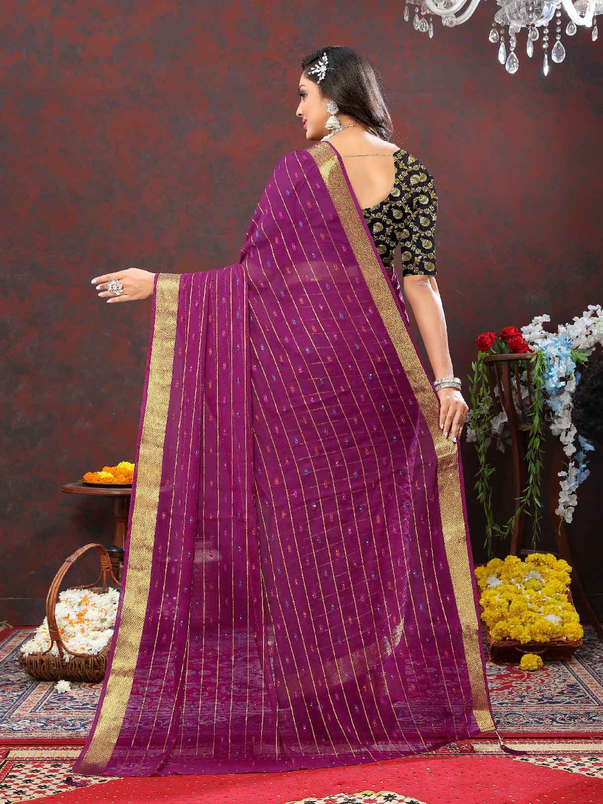 Wedding & Festive Wear Women's Woven Stripe Purple Chiffon Saree with Zari Work