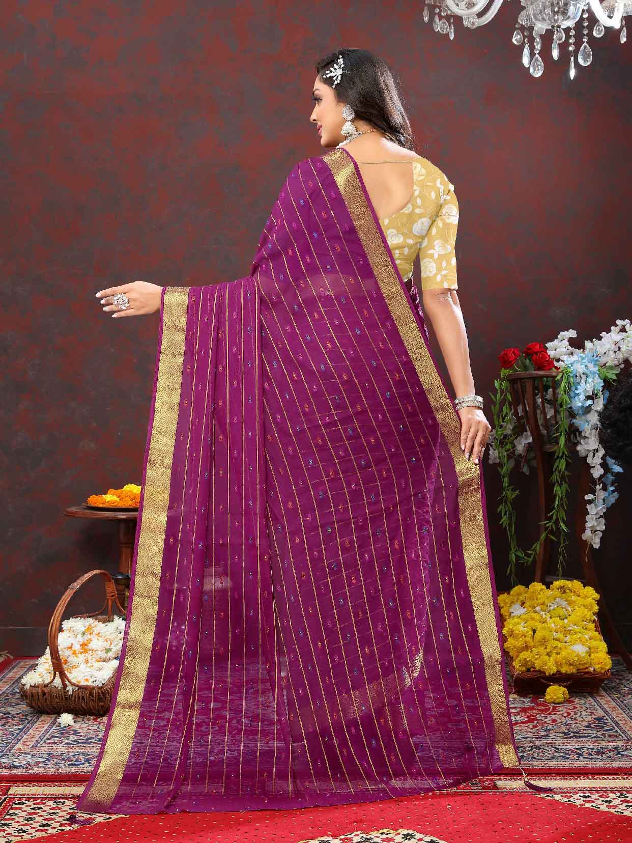 Women's Festive Wear Woven Stripe Purple Chiffon Saree with Zari Work